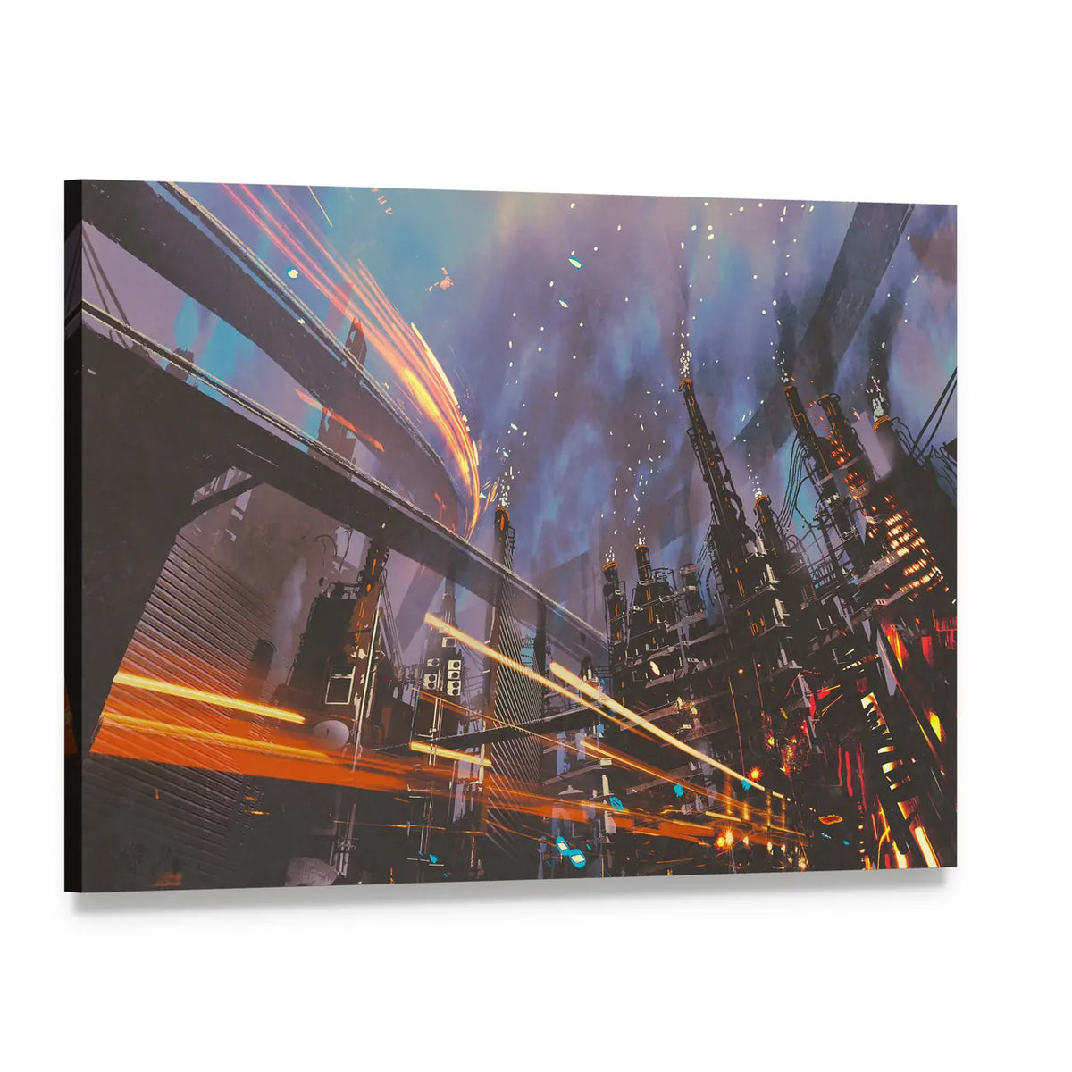 Futuristic Industrial Cityscape at Night Canvas Wall Art, single panel gallery wrapped canvas, angled product view