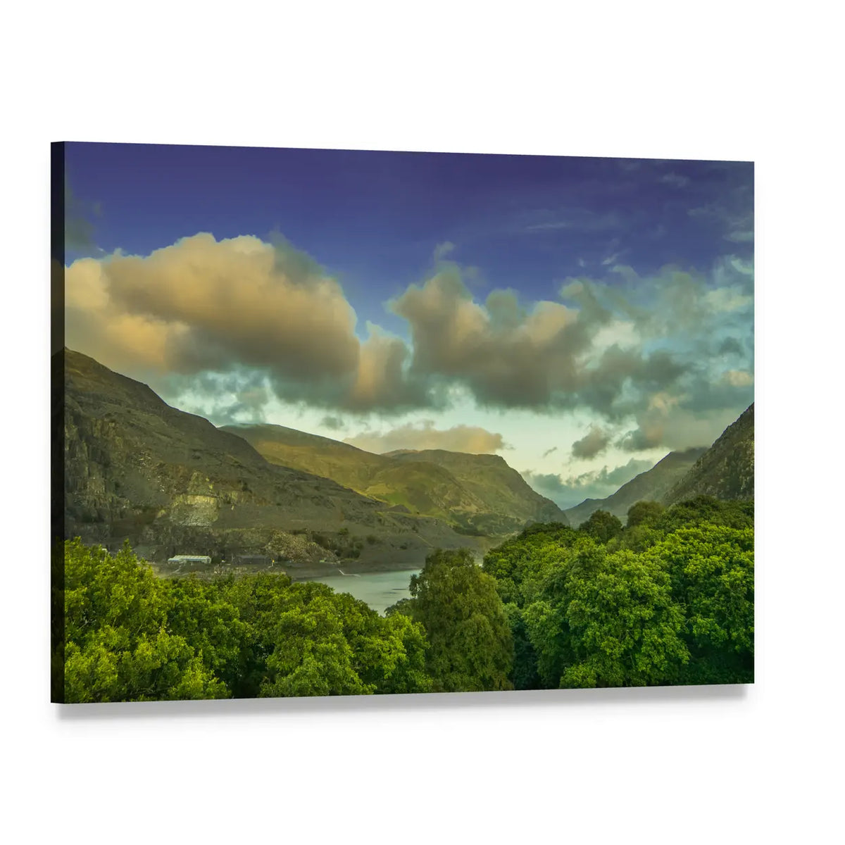 Calm Lake with Mountains and Forest Canvas Wall Art, single panel gallery wrapped canvas, angled product view