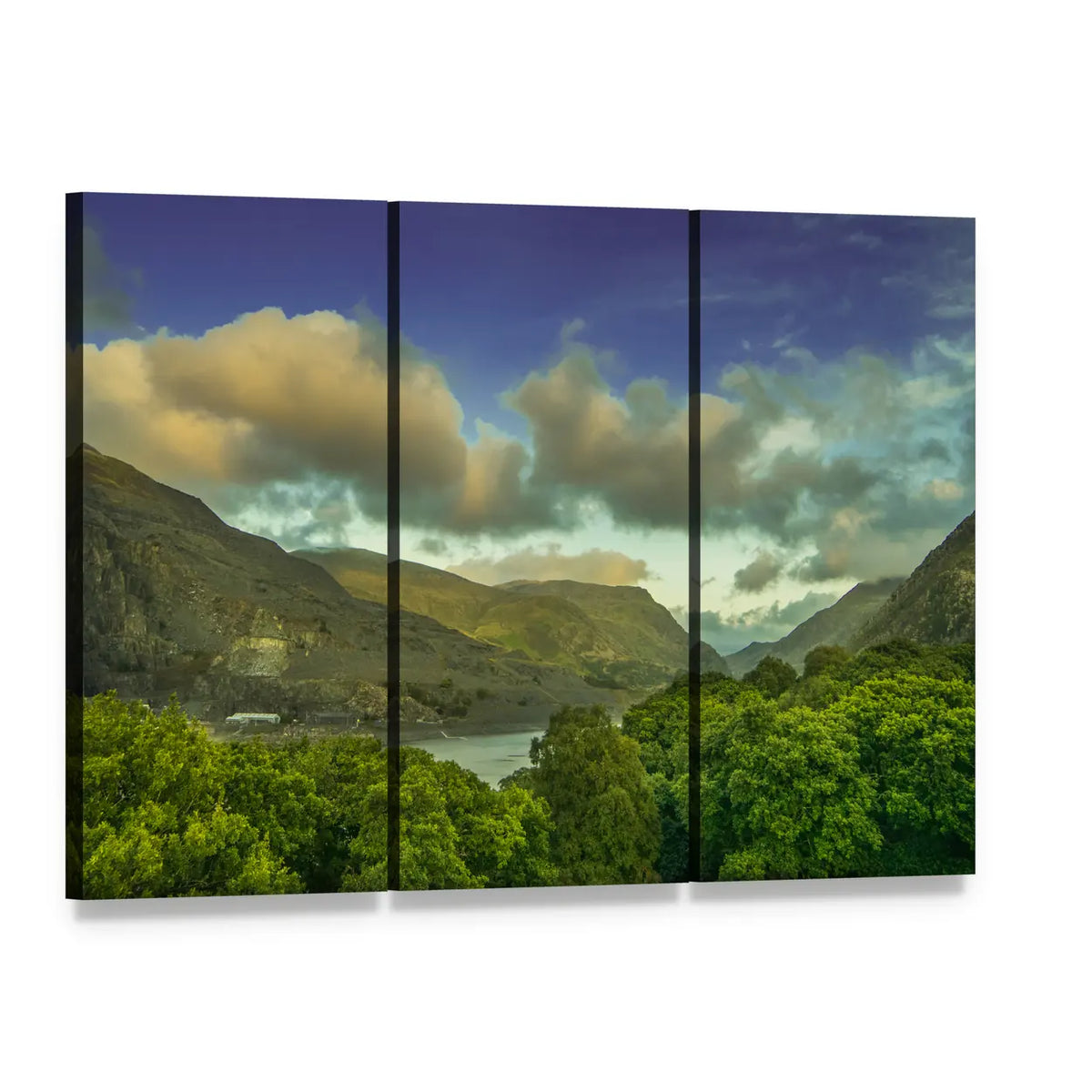 Calm Lake with Mountains and Forest Canvas Wall Art, 3 panel 3 Horizontal layout gallery wrapped canvas set, angled product view