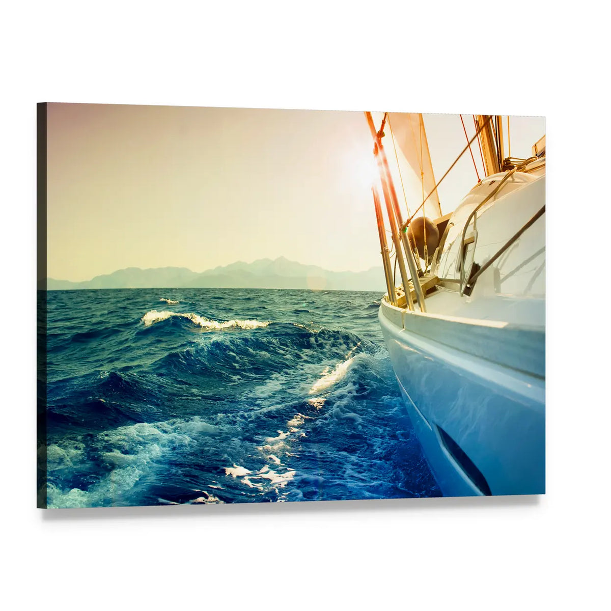 Yacht Sailing at Sunset Canvas Wall Art, single panel gallery wrapped canvas, angled product view