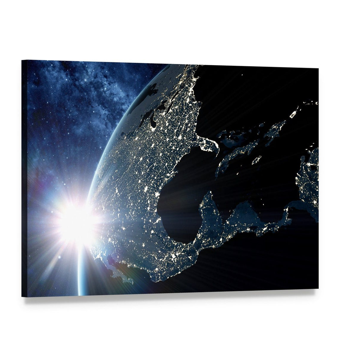 Earth at Night from Space Canvas Wall Art, single panel gallery wrapped canvas, angled product view