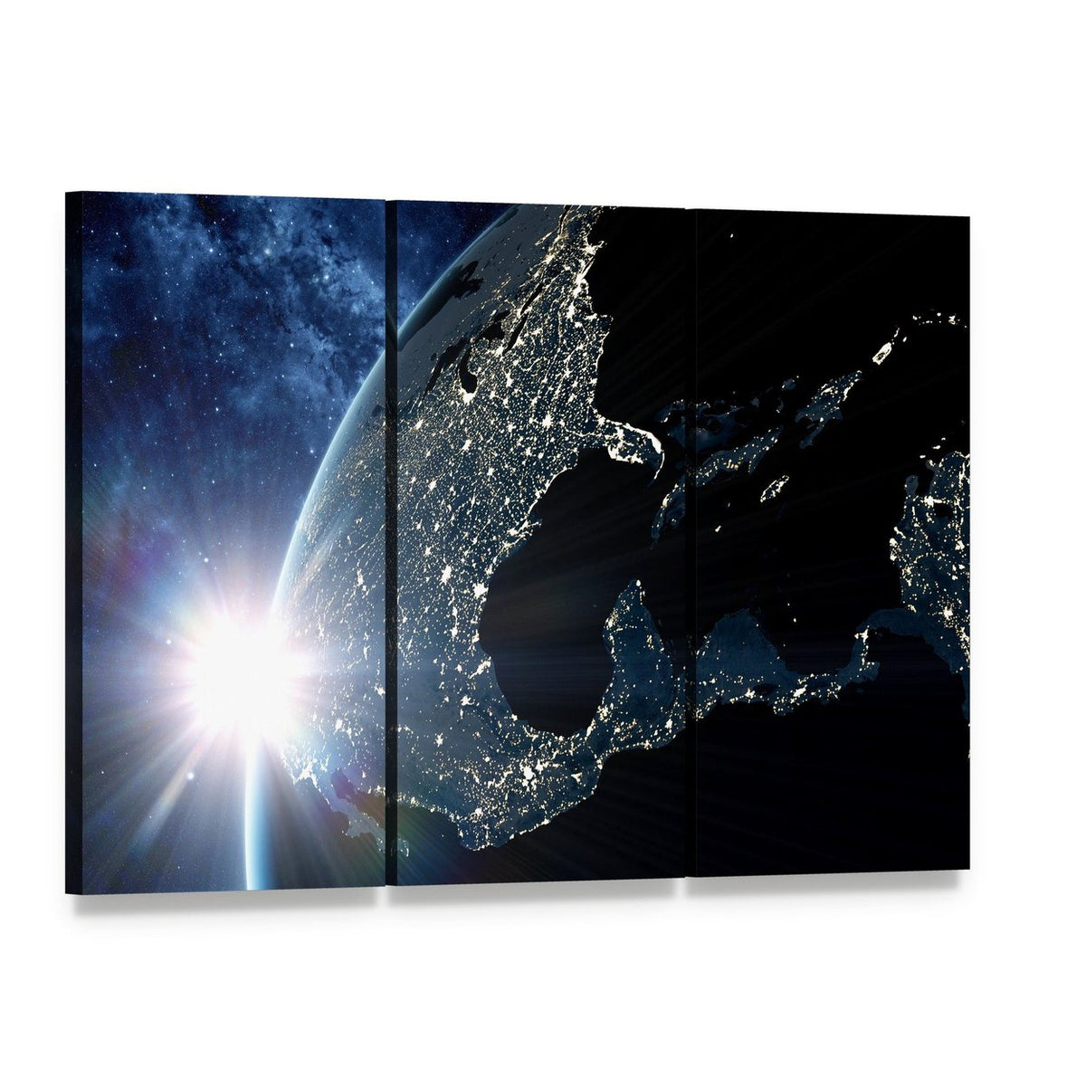 Earth at Night from Space Canvas Wall Art, 3 panel 3 Horizontal layout gallery wrapped canvas set, angled product view