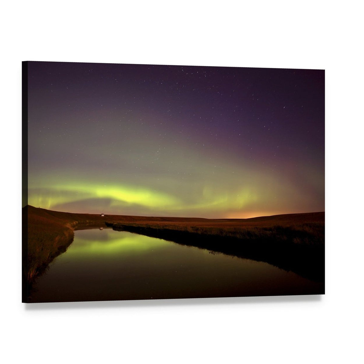Northern Lights Over Moose Jaw River Canvas Wall Art, single panel gallery wrapped canvas, angled product view