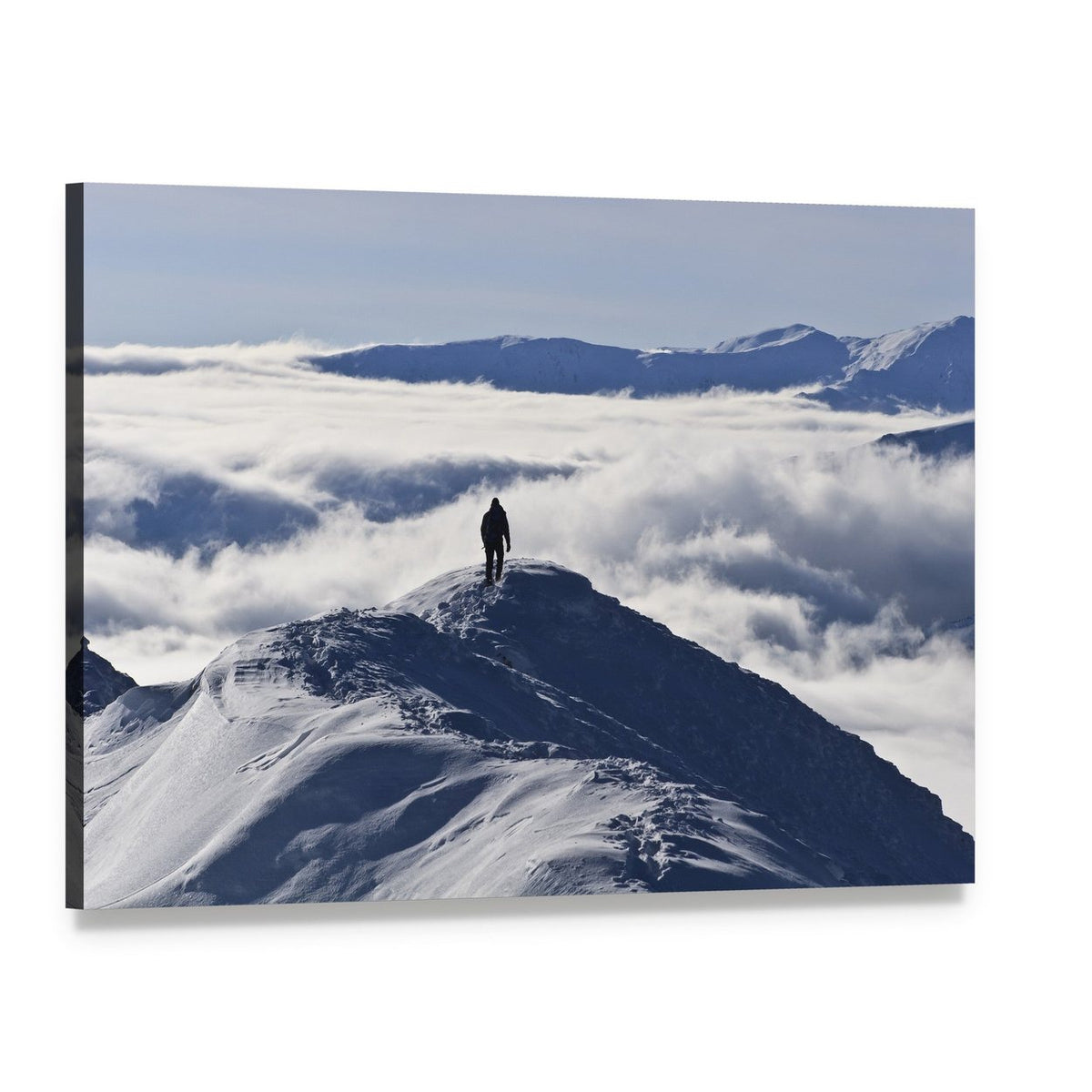 Hiker on Snowy Mountain Ridge Canvas Wall Art, single panel gallery wrapped canvas, angled product view