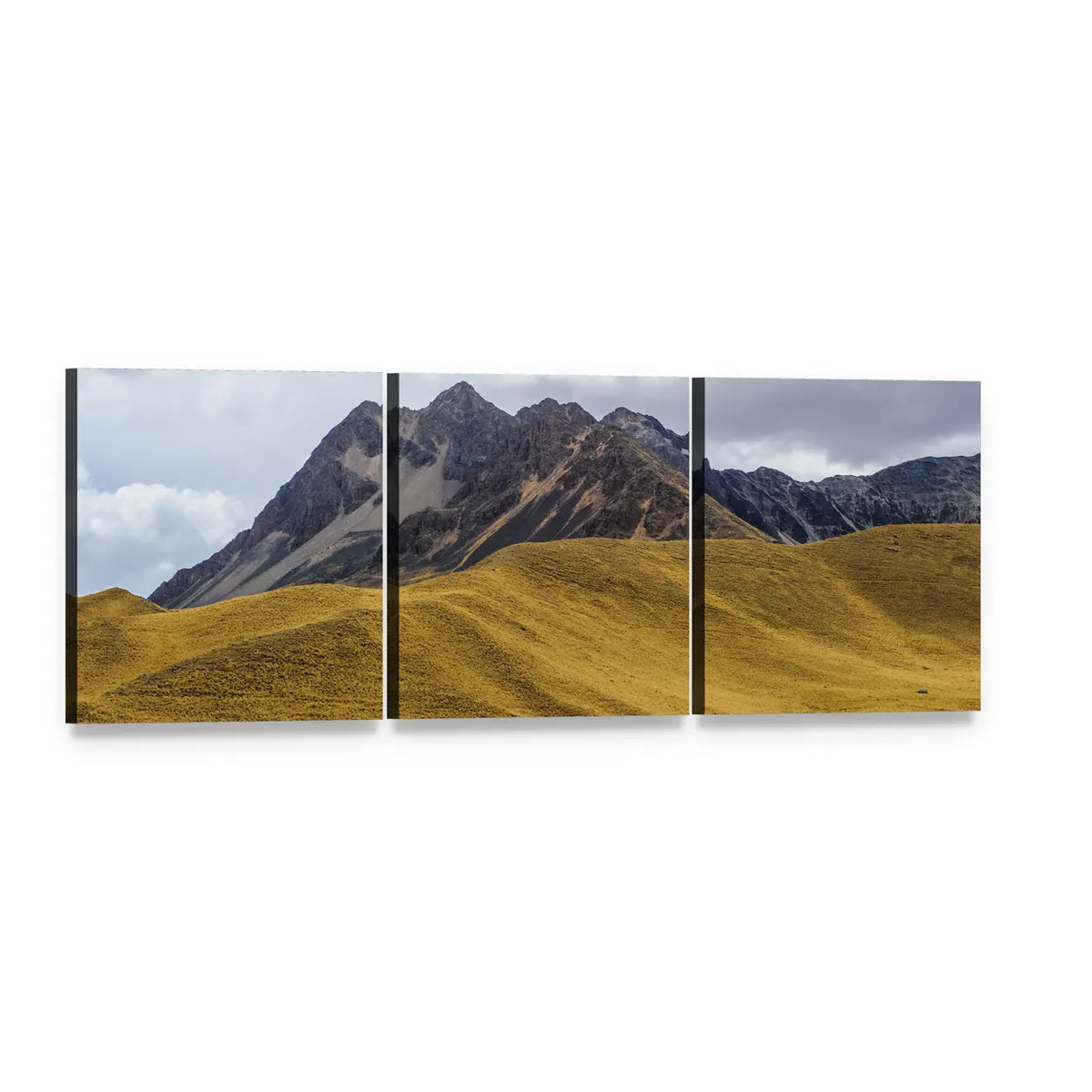 Jagged Peaks and Golden Hills Panoramic Canvas Wall Art, 3 panel 3 Piece layout gallery wrapped canvas set, angled product view