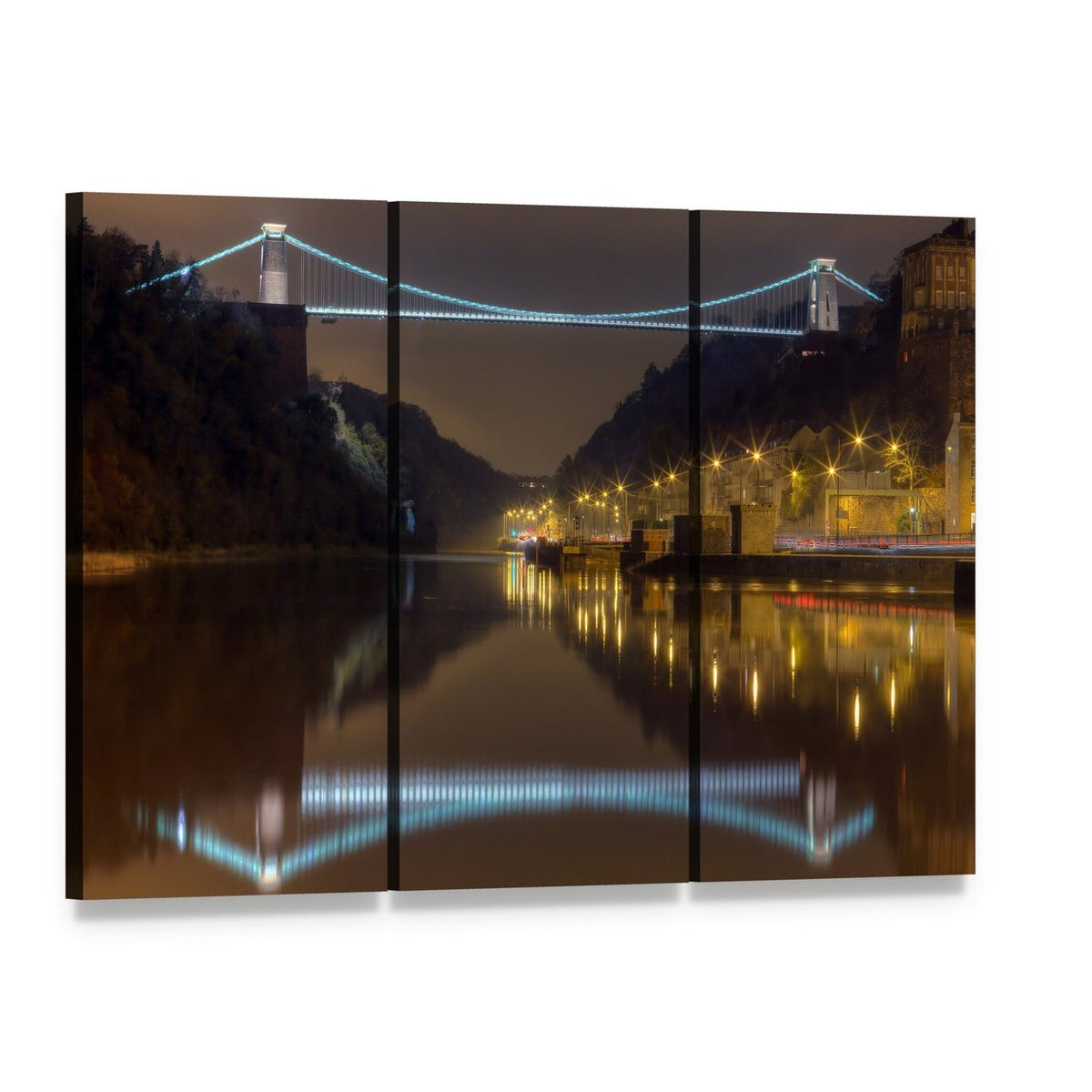 Clifton Bridge at Night Canvas Wall Art, 3 panel 3 Horizontal layout gallery wrapped canvas set, angled product view