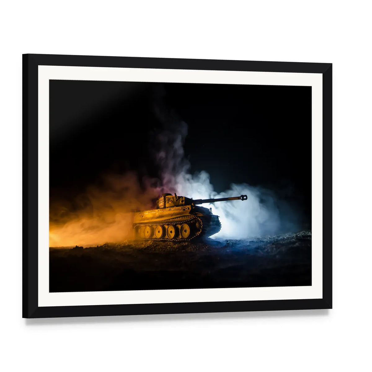German Tiger I Tank in Action Canvas Wall Art, framed print with white mat and black frame, angled product view