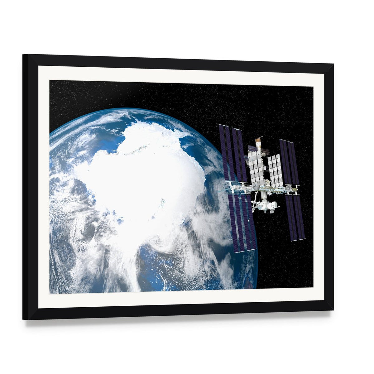 International Space Station Canvas Wall Art, framed print with white mat and black frame, angled product view