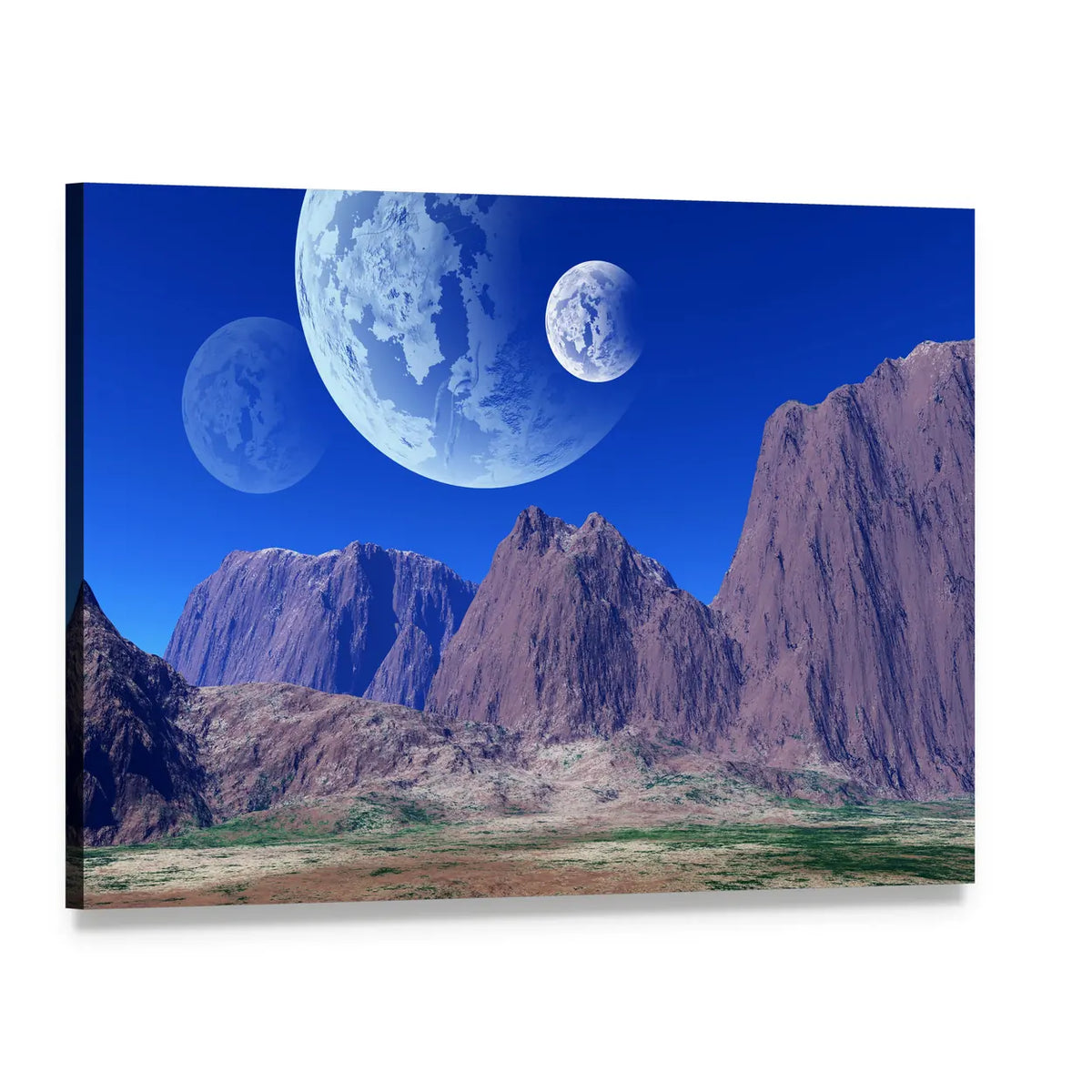 Alien Mountains Under Three Planets Canvas Wall Art, single panel gallery wrapped canvas, angled product view