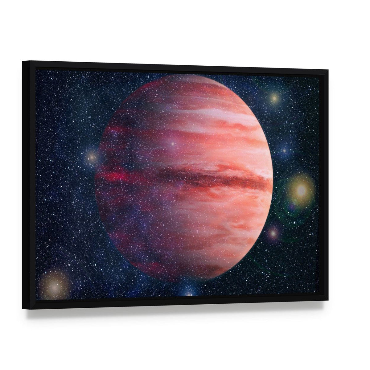 Giant Red Gas Planet Canvas Wall Art, framed canvas in a black floater frame, angled product view