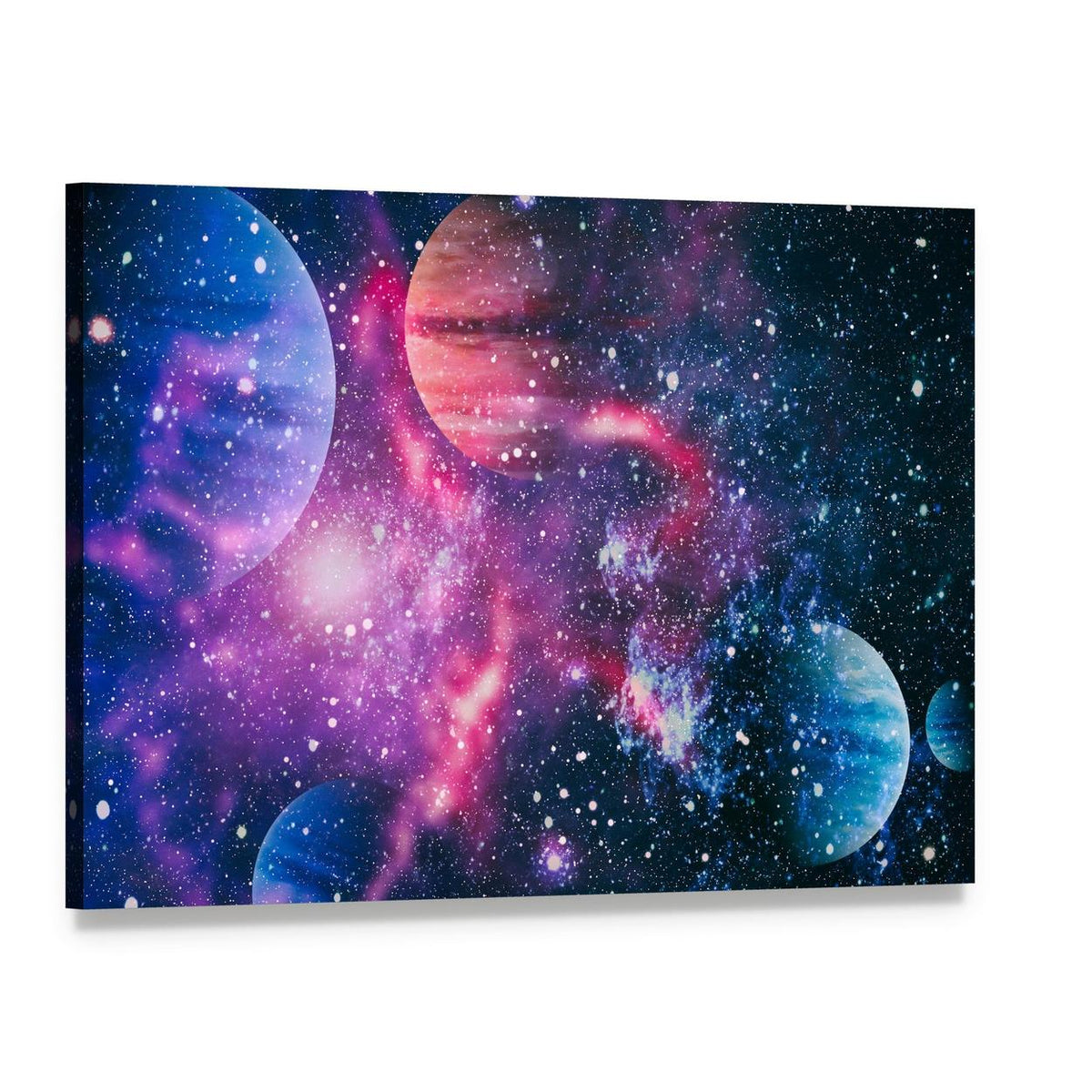 Colorful Planet Illustration Canvas Wall Art, single panel gallery wrapped canvas, angled product view