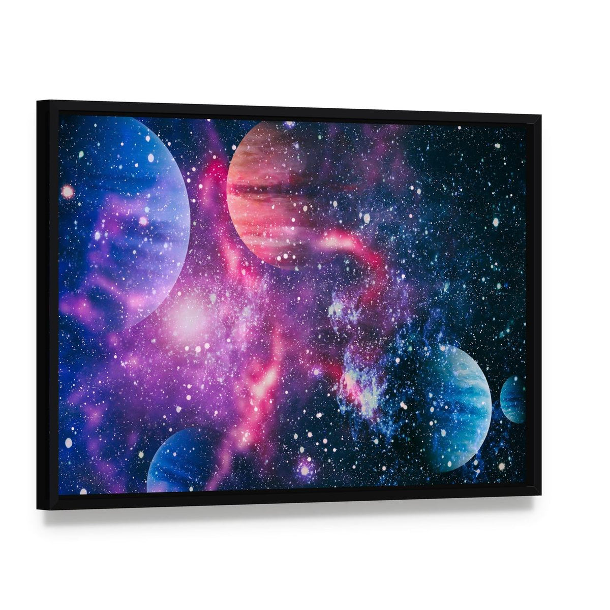 Colorful Planet Illustration Canvas Wall Art, framed canvas in a black floater frame, angled product view