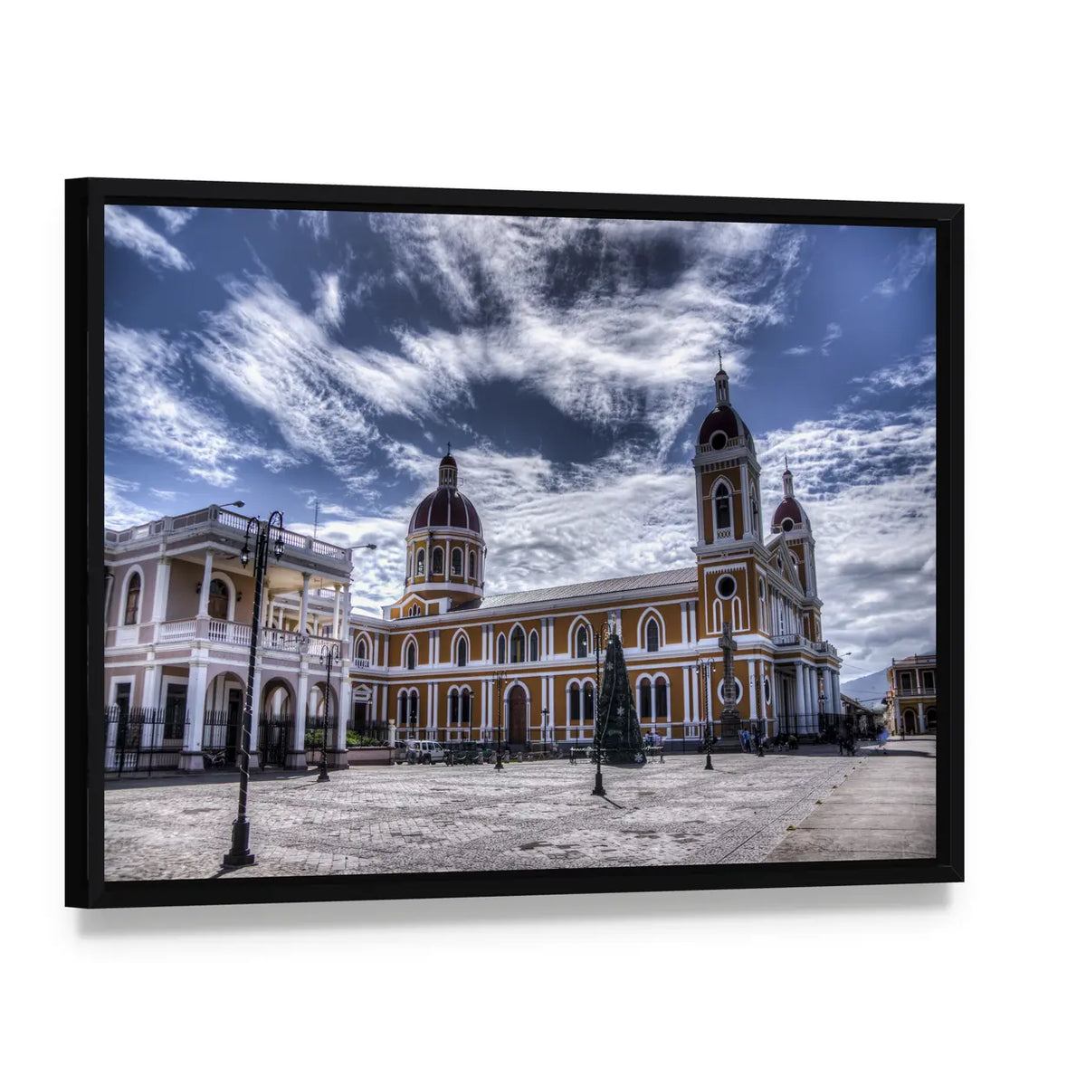Cathedral of Granada In Nicaragua Canvas Wall Art, framed canvas in a black floater frame, angled product view