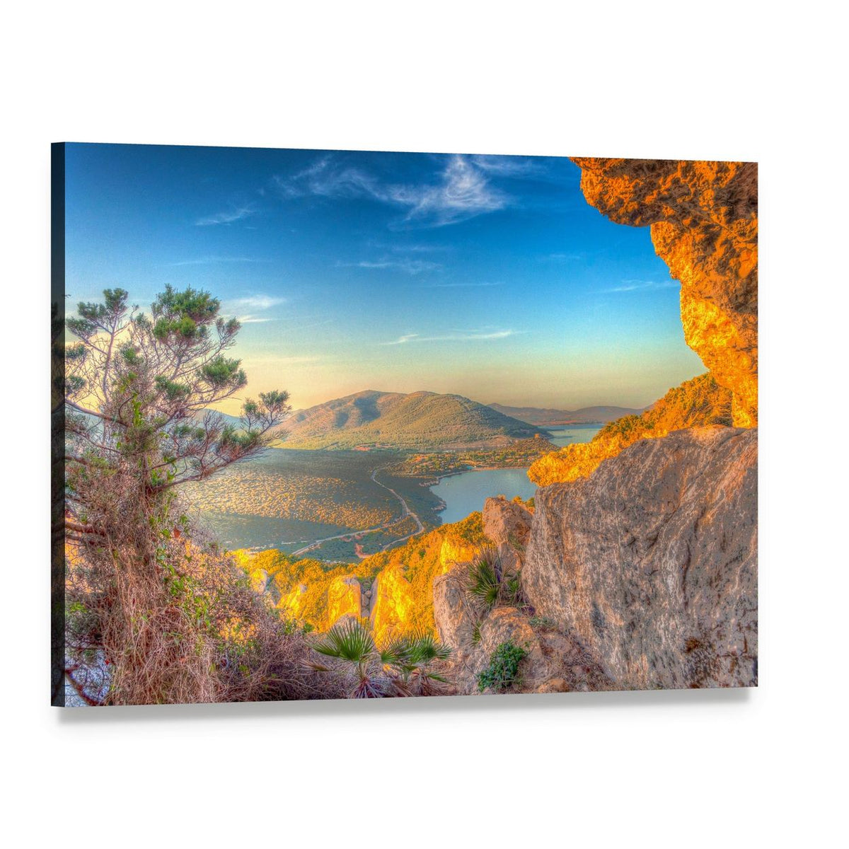 Sunset Over Rocky Cove Canvas Wall Art, single panel gallery wrapped canvas, angled product view