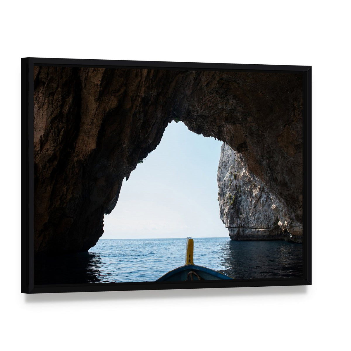 Inside Blue Grotto Cave View Canvas Wall Art, framed canvas in a black floater frame, angled product view