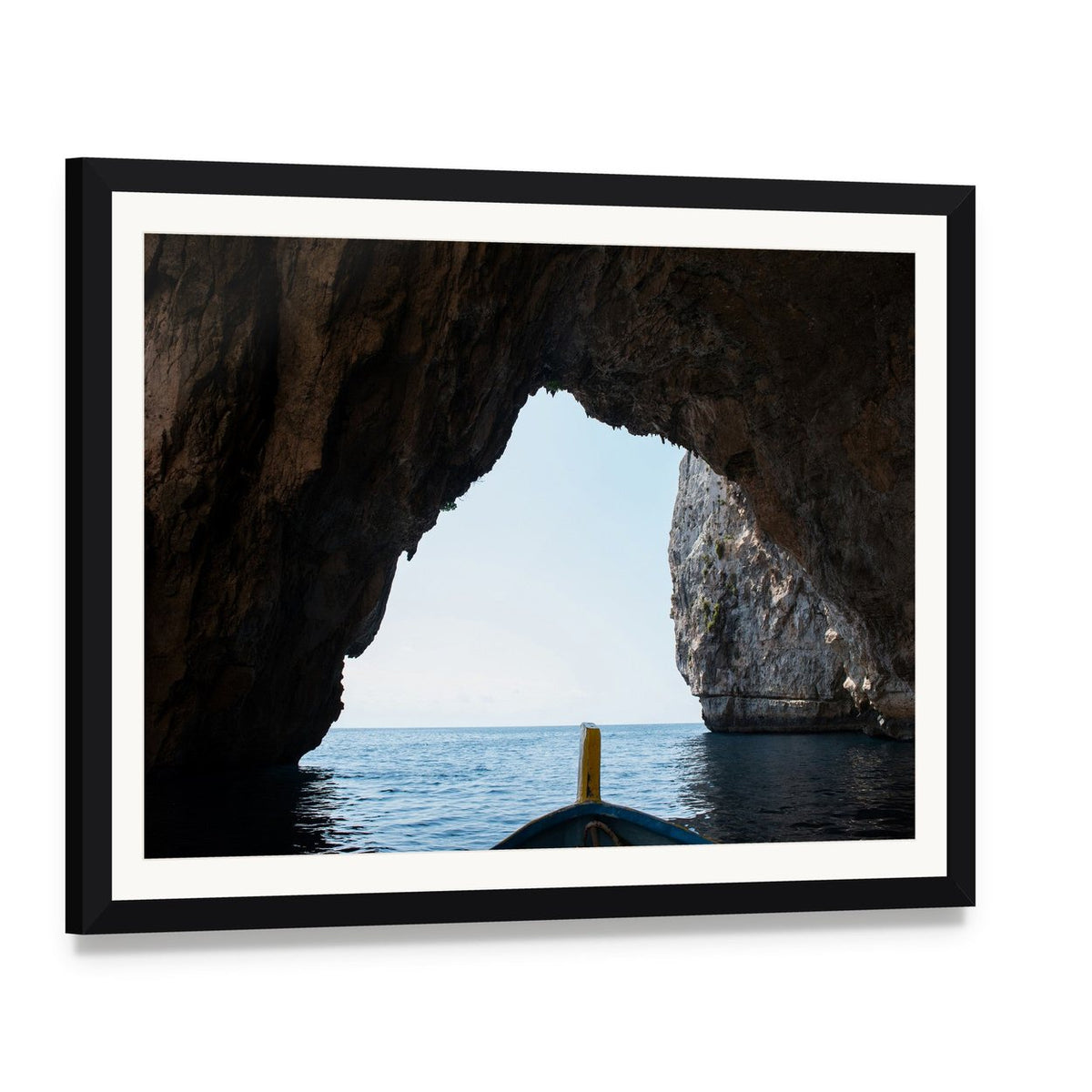 Inside Blue Grotto Cave View Canvas Wall Art, framed print with white mat and black frame, angled product view