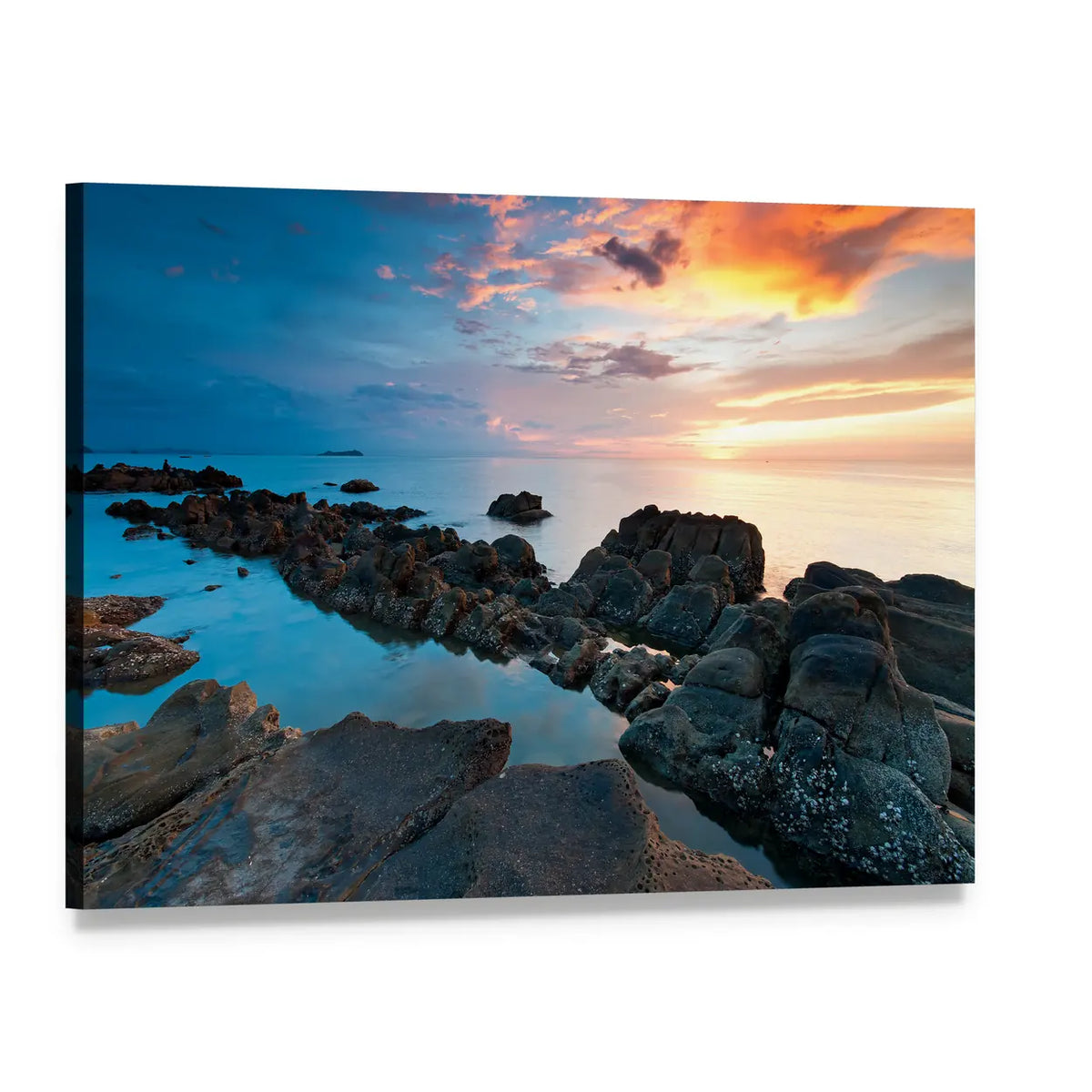 Sunset Over Rocky Seashore Canvas Wall Art, single panel gallery wrapped canvas, angled product view