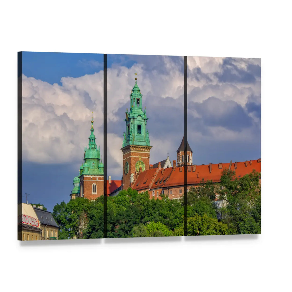 View of Wawel Cathedral Towers Canvas Wall Art, 3 panel 3 Horizontal layout gallery wrapped canvas set, angled product view