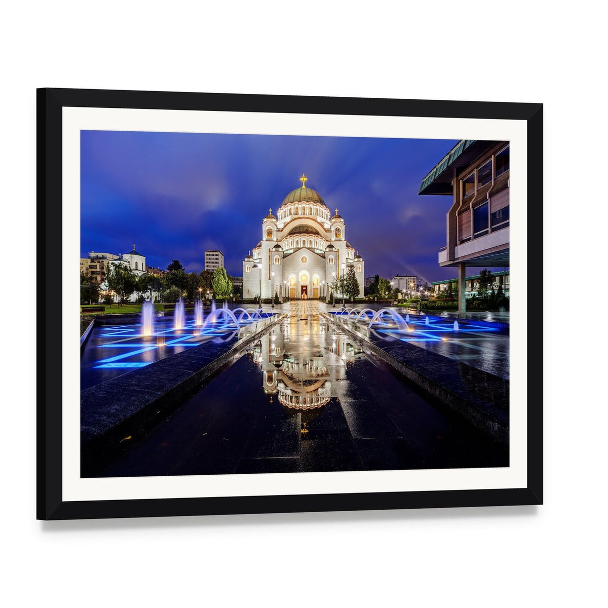 Saint Sava Temple in Belgrade at Night Canvas Wall Art, framed print with white mat and black frame, angled product view