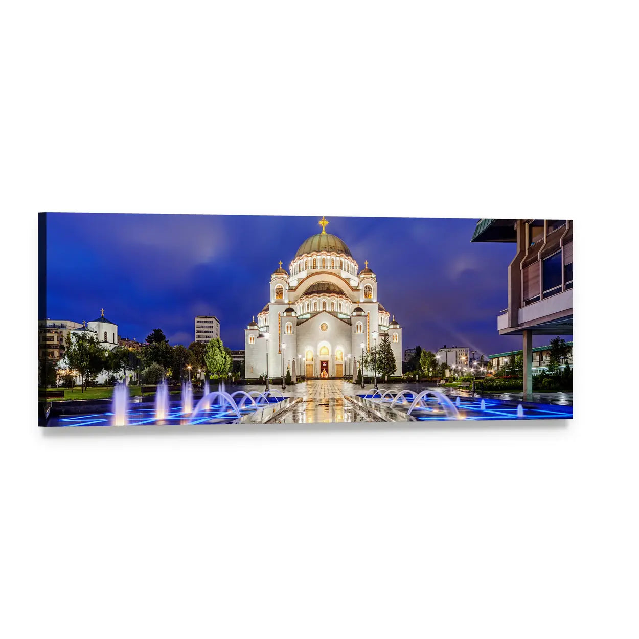 Saint Sava Temple at Night, Belgrade Panoramic Canvas Wall Art, single panel gallery wrapped canvas, angled product view