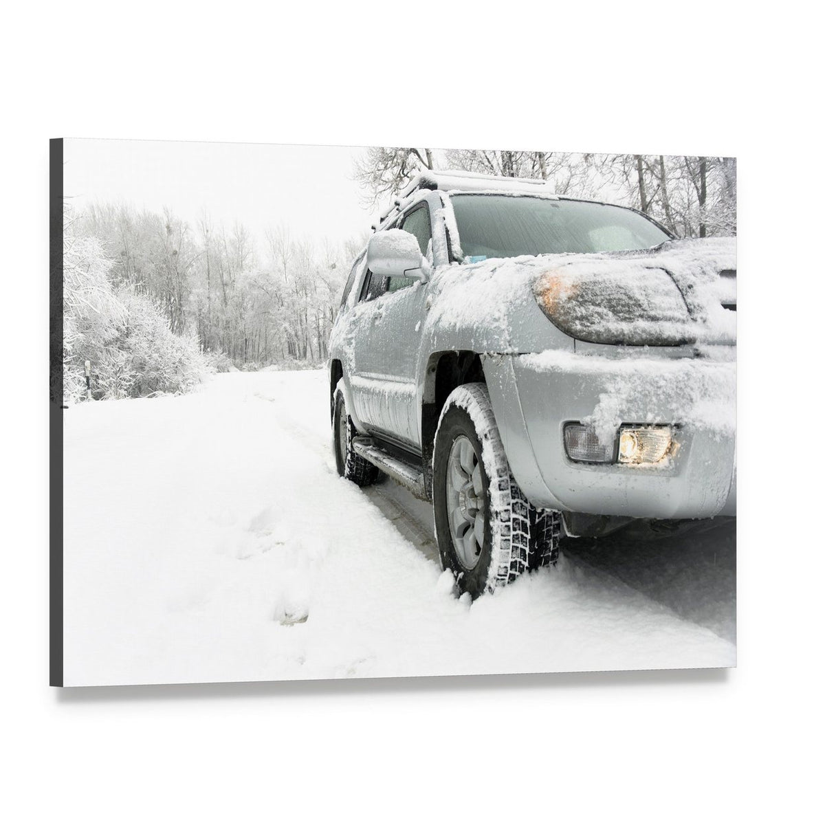 Snowy Winter Road Behind Car Canvas Wall Art, single panel gallery wrapped canvas, angled product view