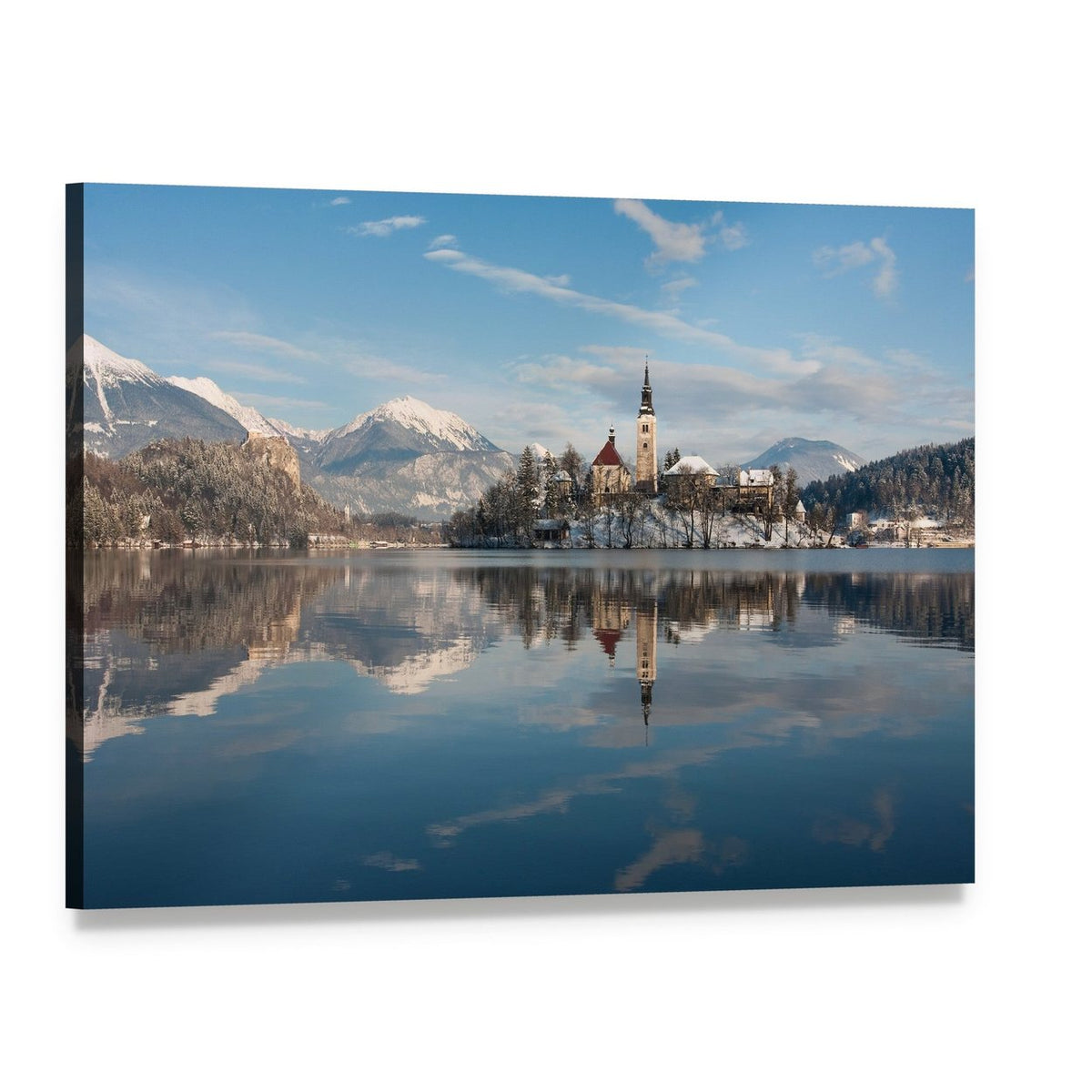 Lake Bled Island Church Canvas Wall Art, single panel gallery wrapped canvas, angled product view