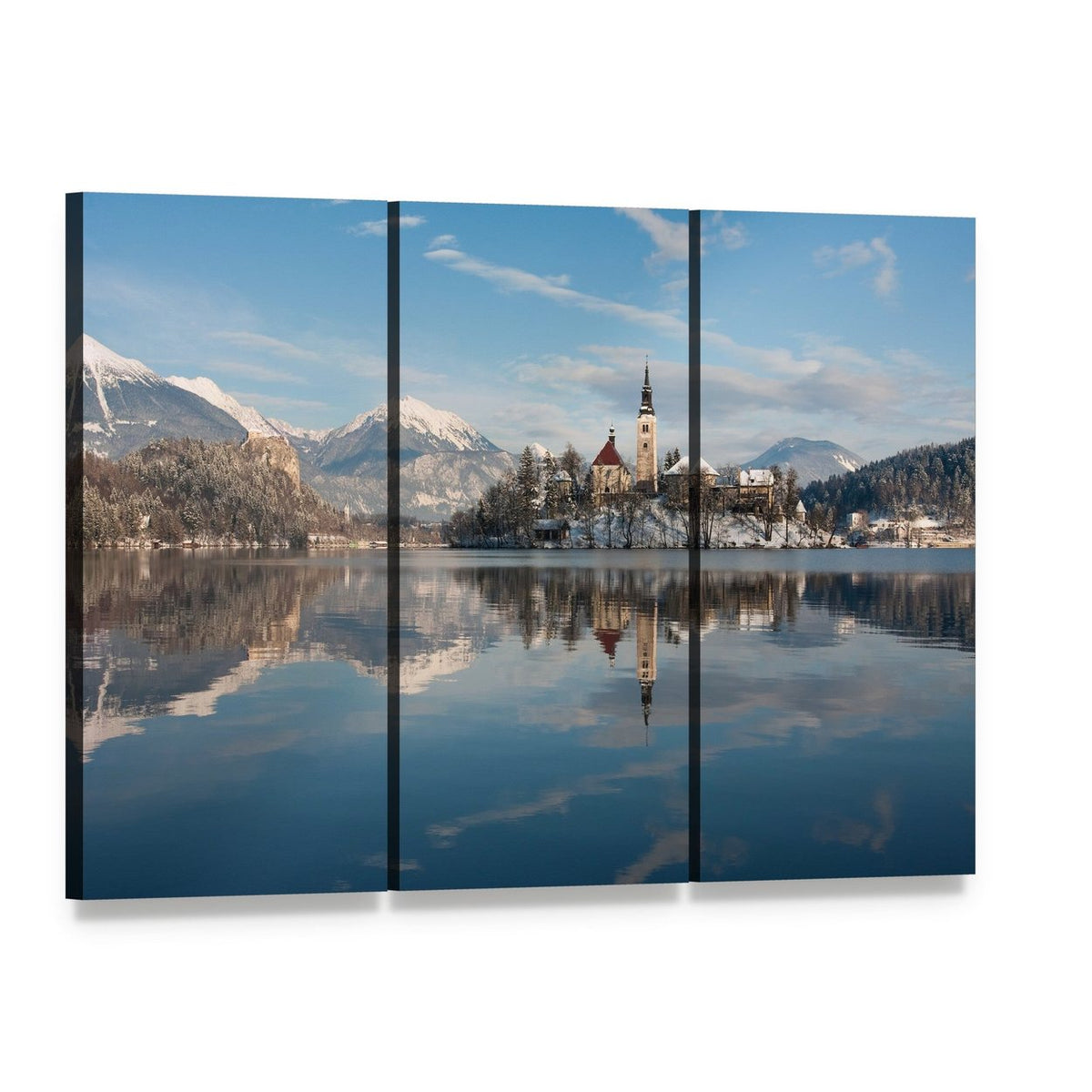 Lake Bled Island Church Canvas Wall Art, 3 panel 3 Horizontal layout gallery wrapped canvas set, angled product view