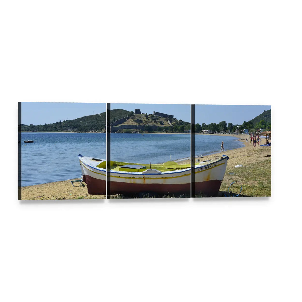 Fishing Boat on a Greek Beach Panoramic Canvas Wall Art, 3 panel 3 Piece layout gallery wrapped canvas set, angled product view