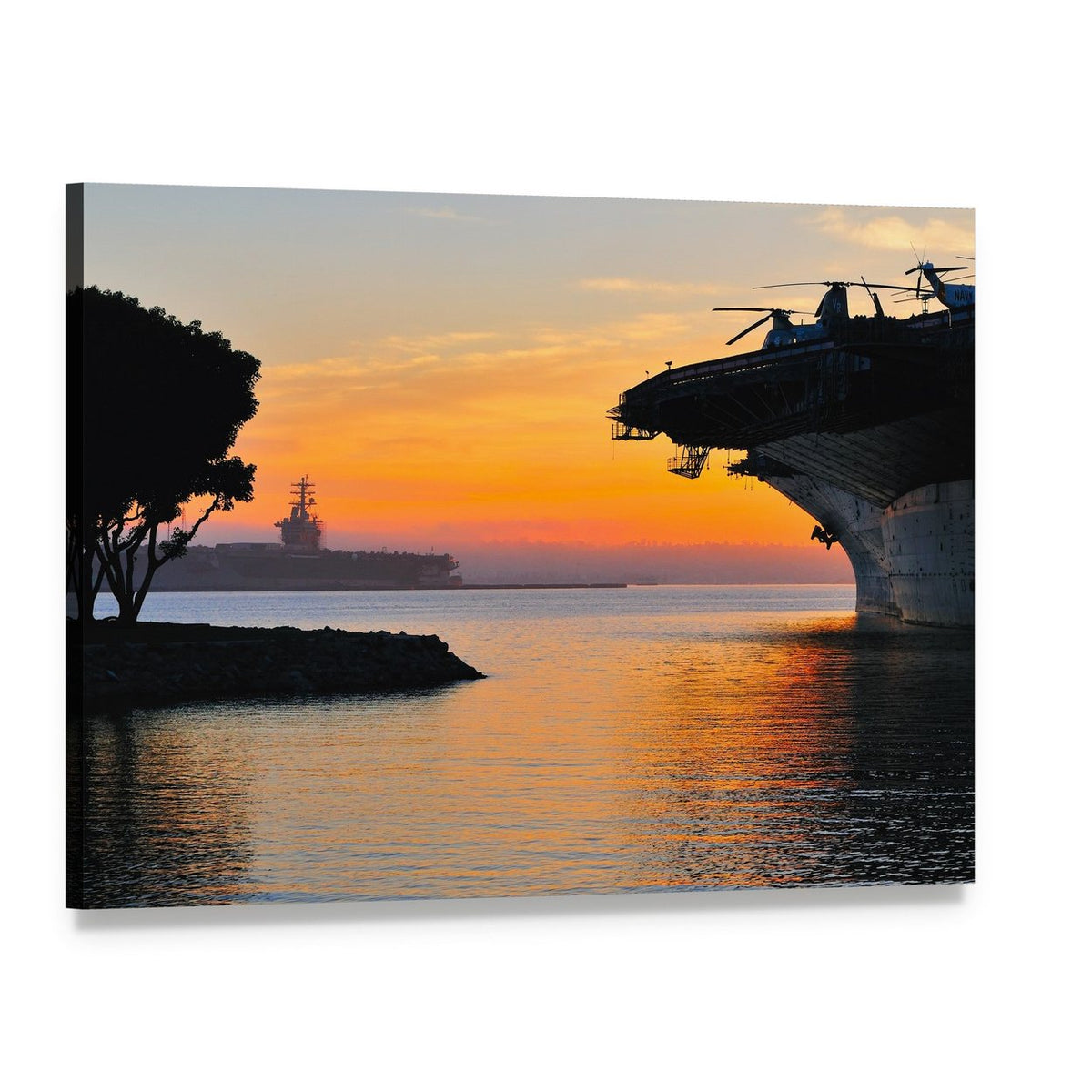 Aircraft Carrier with Helicopters at Sunset Canvas Wall Art, single panel gallery wrapped canvas, angled product view