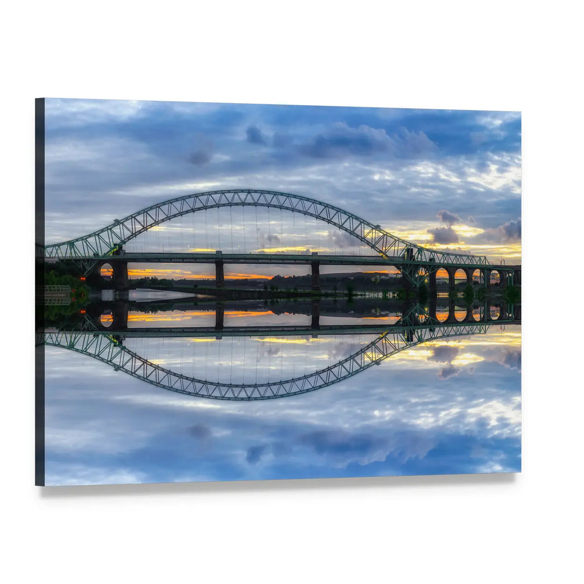 Arch Bridge at Sunset Over Reflective River Canvas Wall Art, single panel gallery wrapped canvas, angled product view