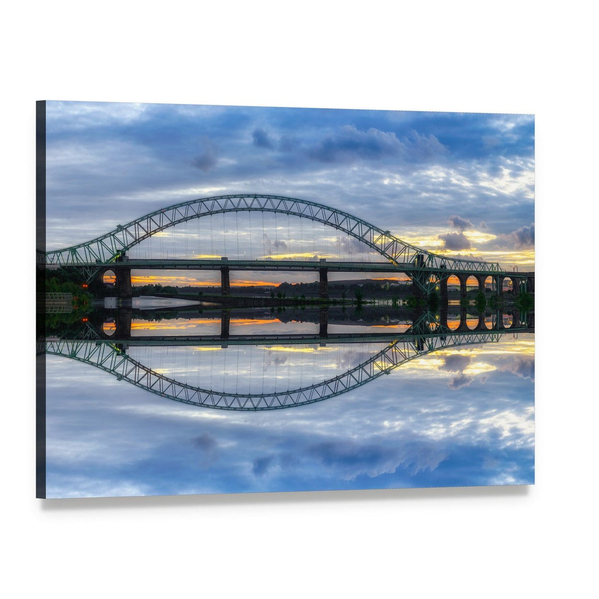 Arched River Bridge at Twilight Canvas Wall Art, single panel gallery wrapped canvas, angled product view