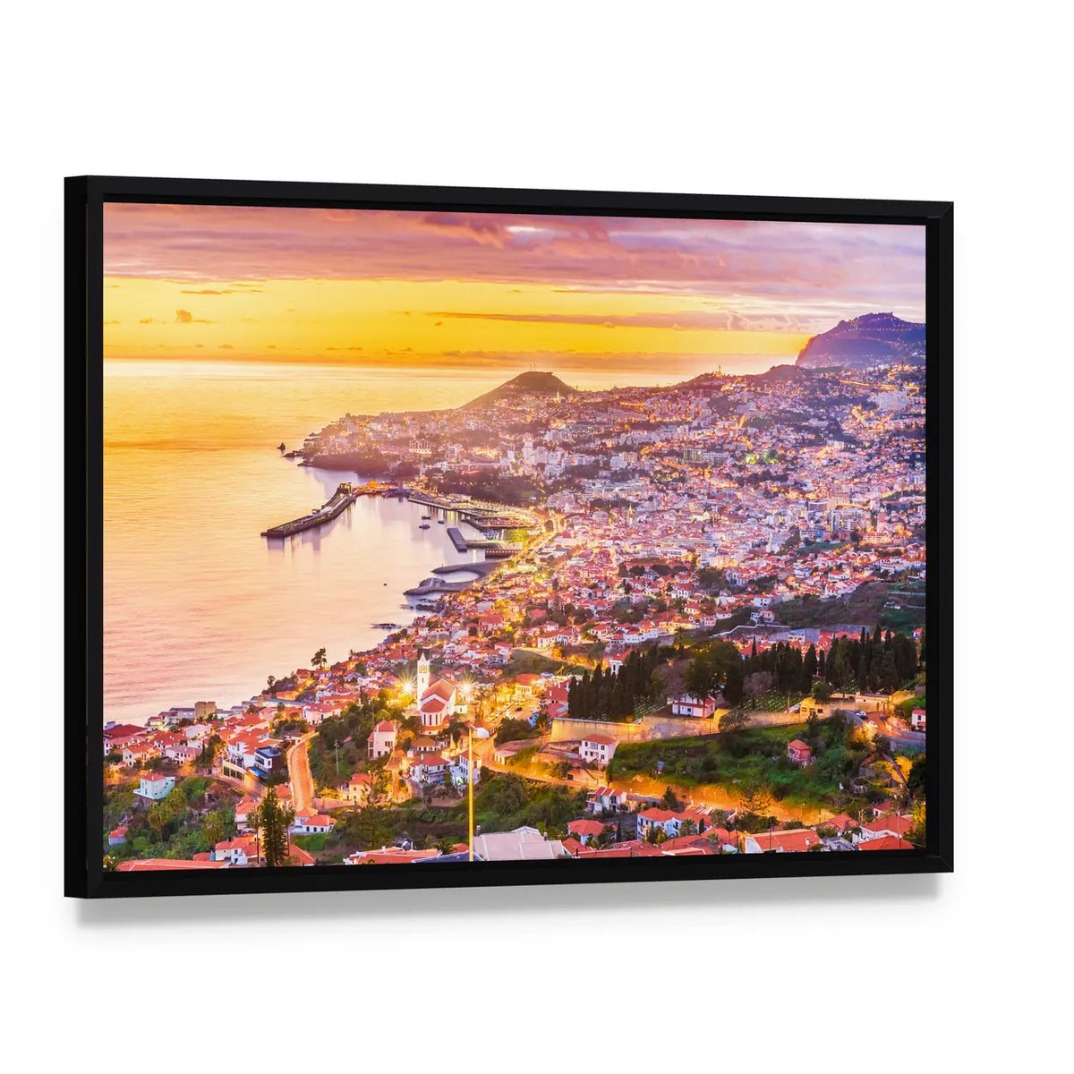 Madeira Island Sunset Harbor Canvas Wall Art, framed canvas in a black floater frame, angled product view