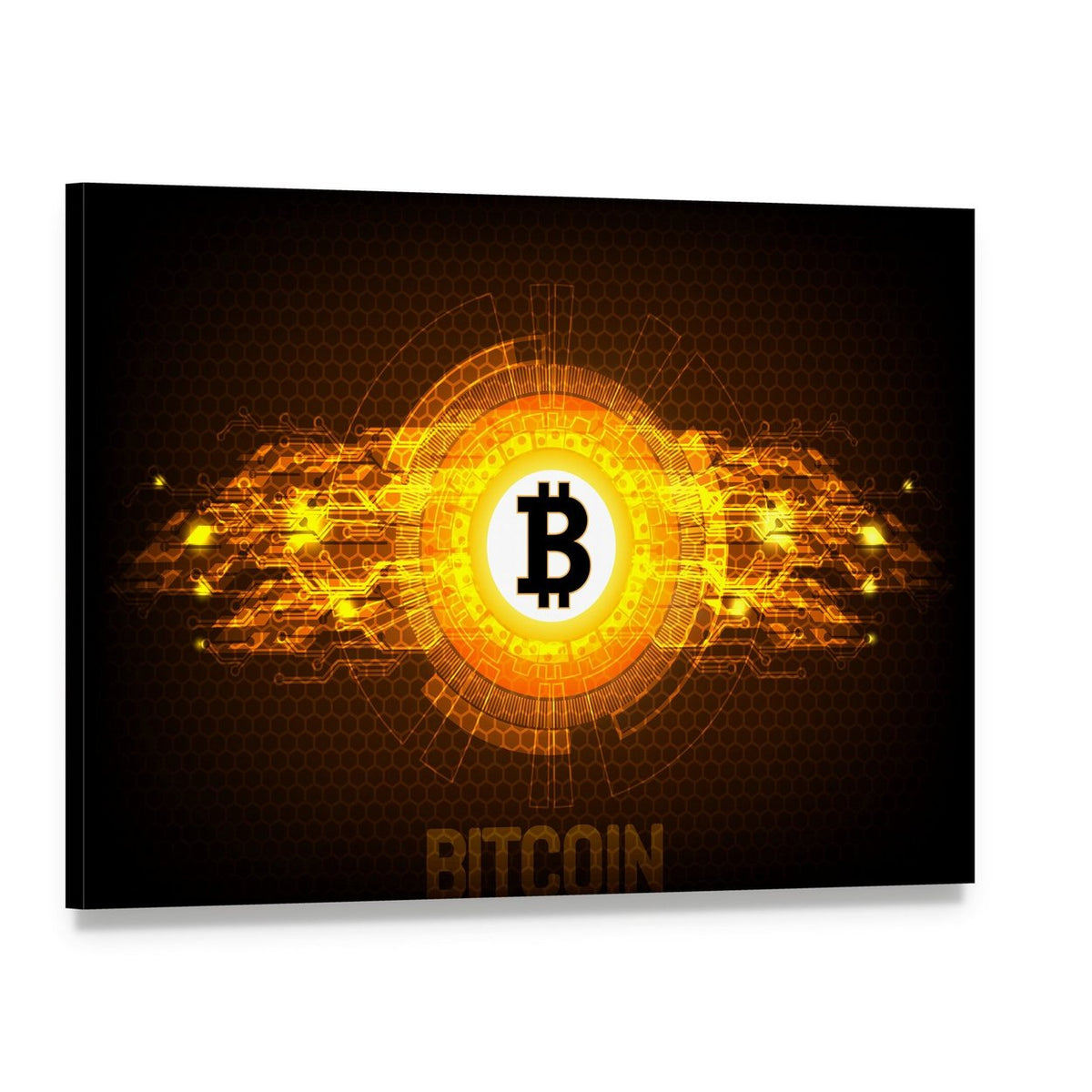 Bitcoin Logo with Honeycomb Circuitry Canvas Wall Art, single panel gallery wrapped canvas, angled product view