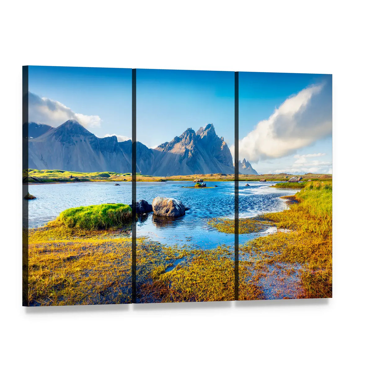 Stokksnes Headland Landscape Canvas Wall Art, 3 panel 3 Horizontal layout gallery wrapped canvas set, angled product view