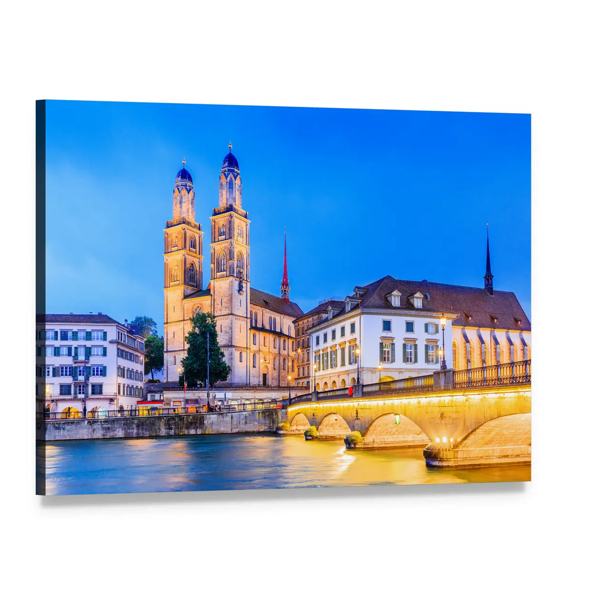 Zurich Riverfront at Dusk with Twin Towers Canvas Wall Art, single panel gallery wrapped canvas, angled product view