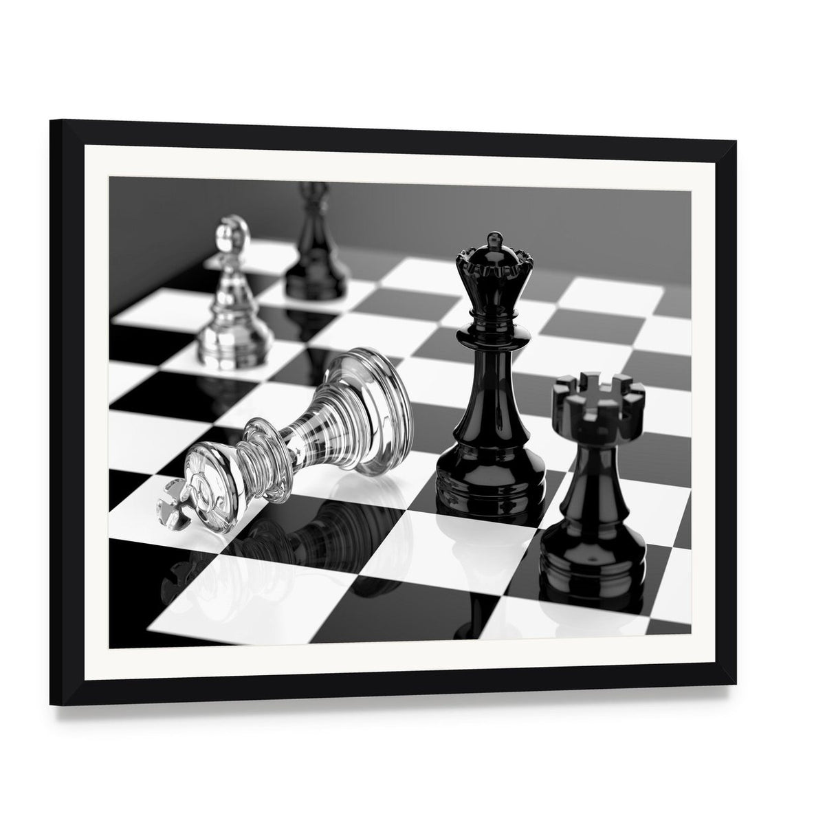 Checkmate with Black & White Board Canvas Wall Art, framed print with white mat and black frame, angled product view