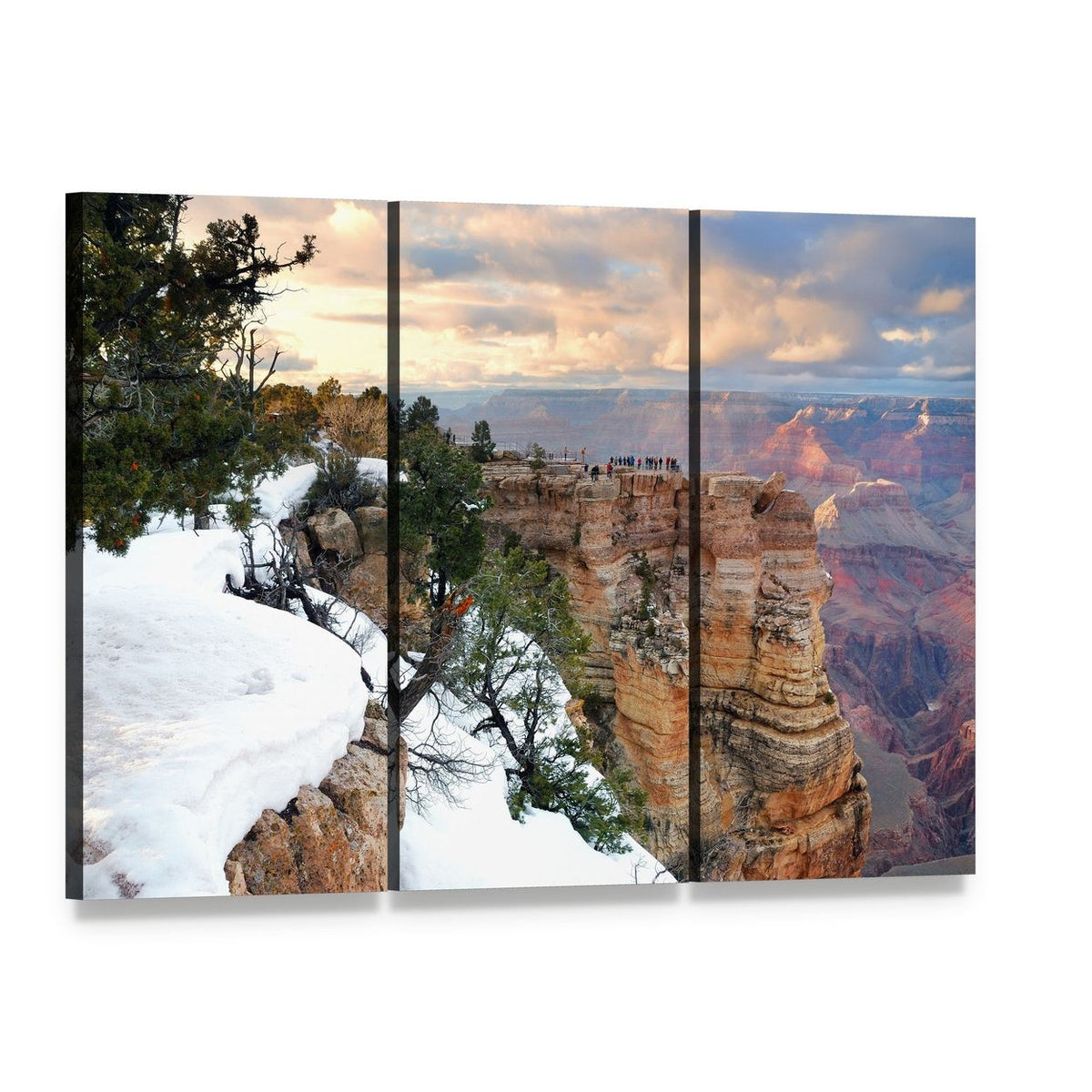 Snow on Grand Canyon Canvas Wall Art, 3 panel 3 Horizontal layout gallery wrapped canvas set, angled product view