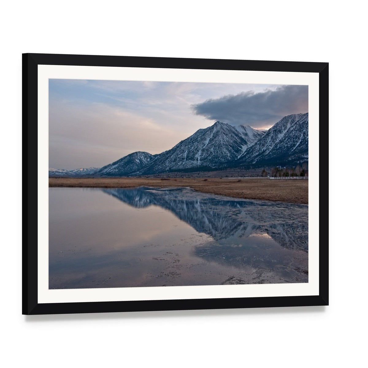 Sunset Reflection on Snow-capped Mountain Lake Canvas Wall Art, framed print with white mat and black frame, angled product view