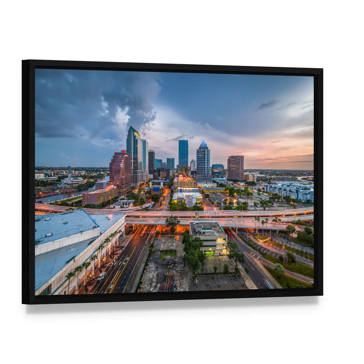 Tampa Bay Skyline at Dusk Canvas Wall Art, framed canvas in a black floater frame, angled product view