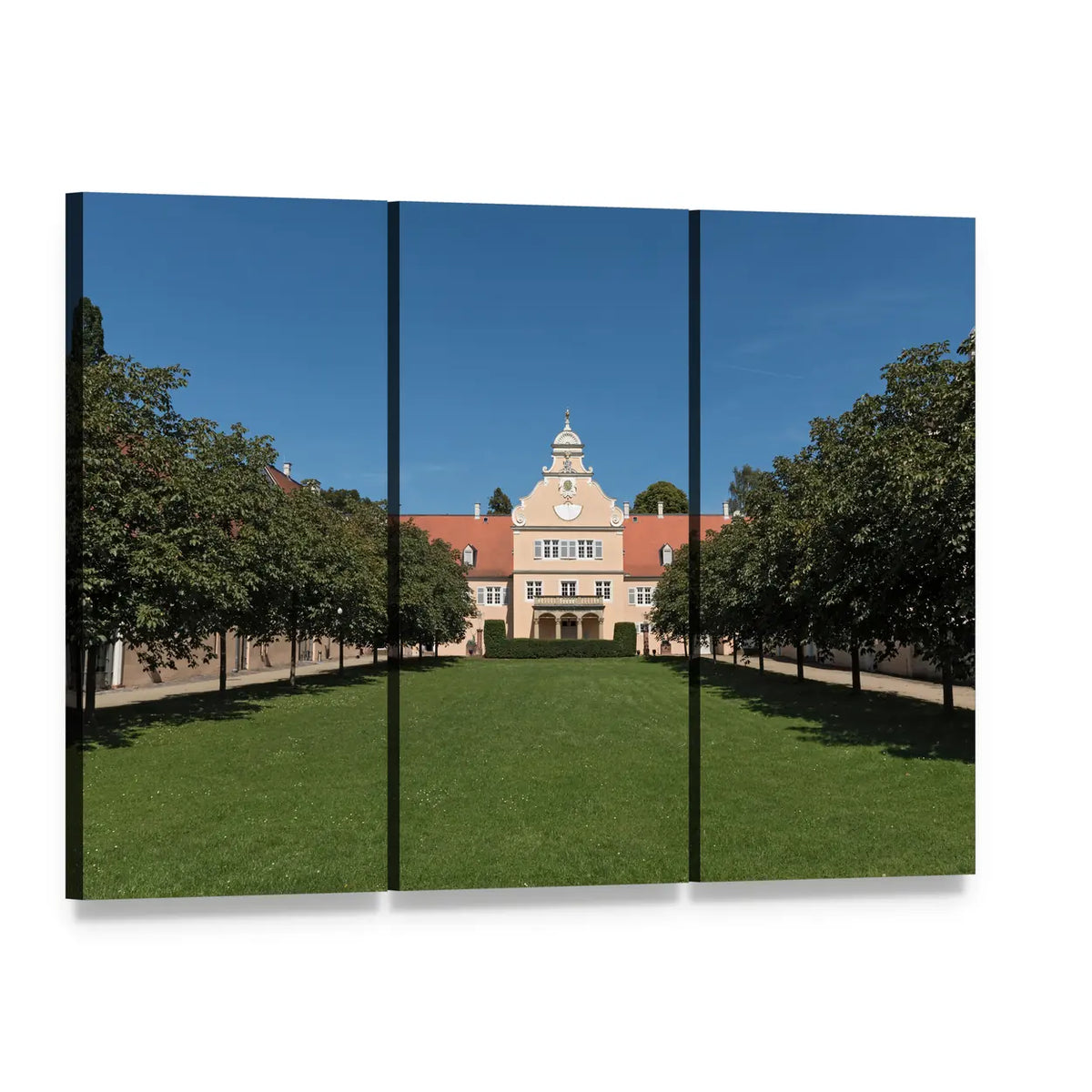 Kranichstein Renaissance Hunting Castle Canvas Wall Art, 3 panel 3 Horizontal layout gallery wrapped canvas set, angled product view