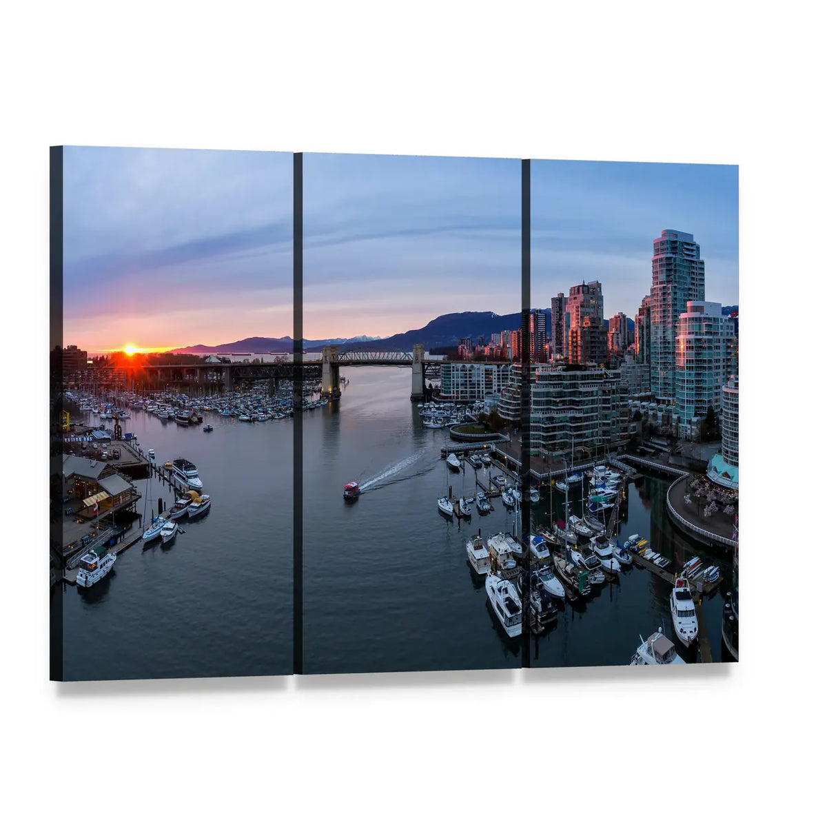 False Creek Sunset Cityscape Canvas Wall Art, 3 panel 3 Horizontal layout gallery wrapped canvas set, angled product view