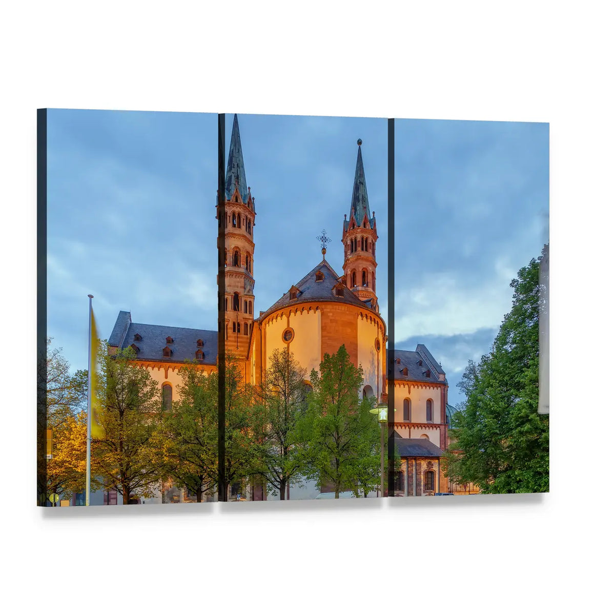 Wurzburg Cathedral at Twilight Canvas Wall Art, 3 panel 3 Horizontal layout gallery wrapped canvas set, angled product view