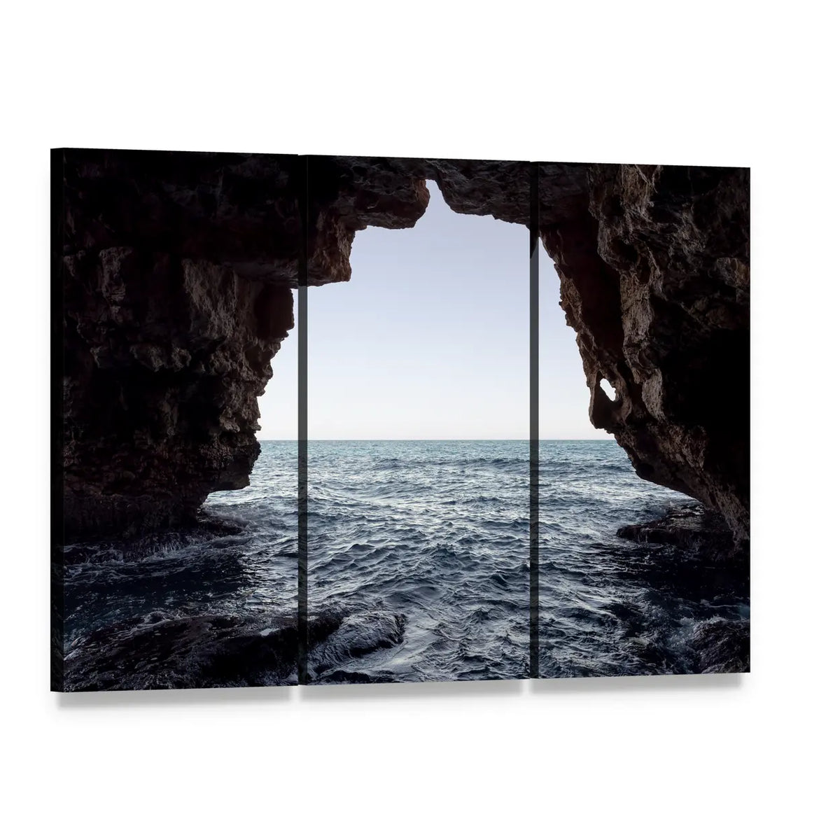Sea Cave with Ocean View Canvas Wall Art, 3 panel 3 Horizontal layout gallery wrapped canvas set, angled product view