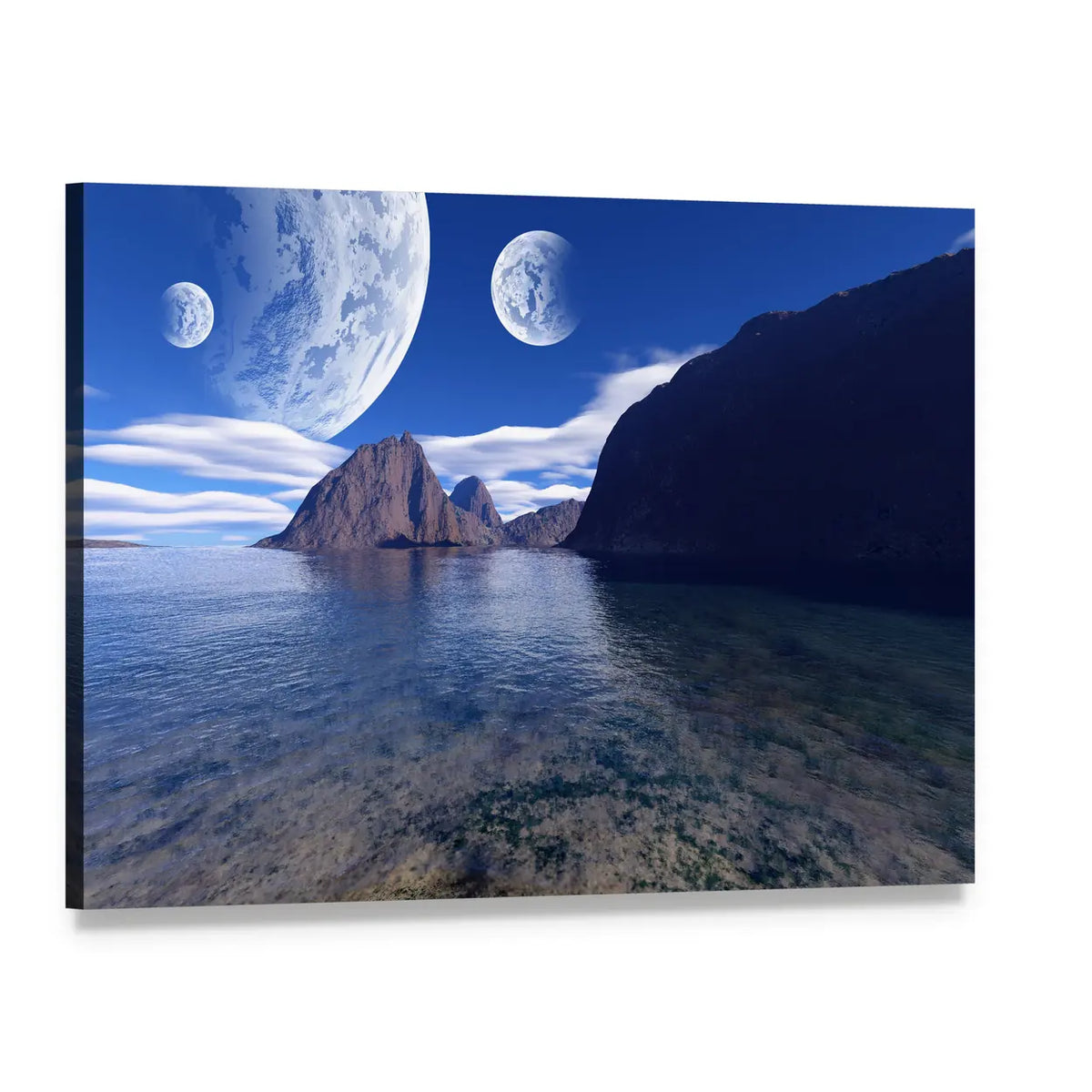 Three Moons Over Alien Shoreline Canvas Wall Art, single panel gallery wrapped canvas, angled product view