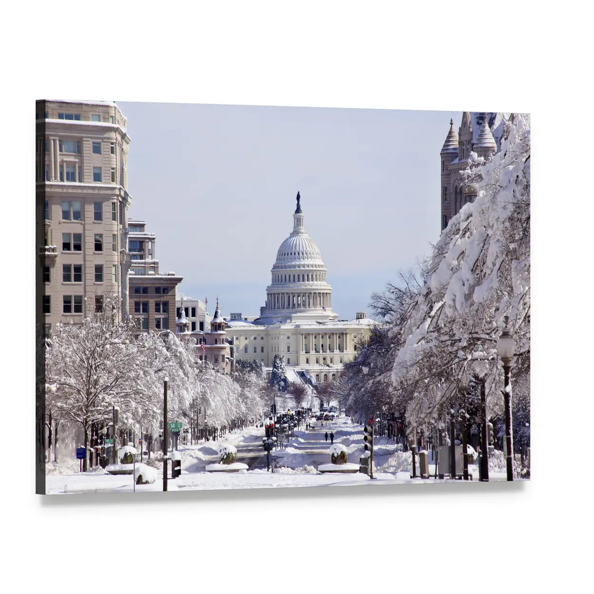 Capitol Building After Snowfall in Winter Canvas Wall Art, single panel gallery wrapped canvas, angled product view