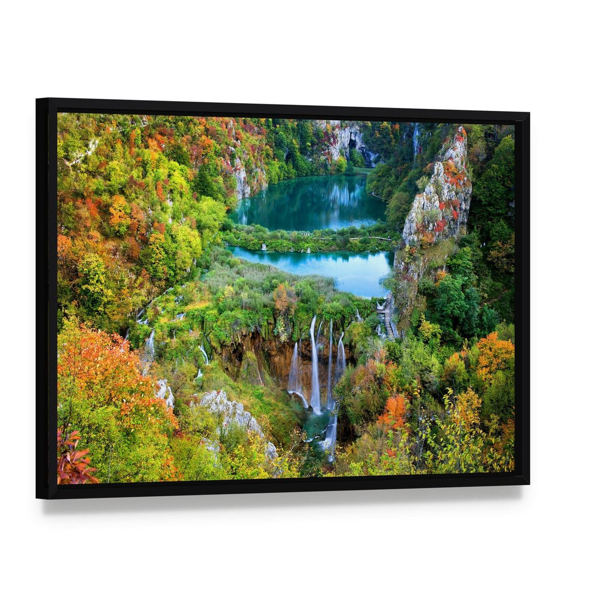Autumn Waterfall in Vibrant Valley Canvas Wall Art, framed canvas in a black floater frame, angled product view