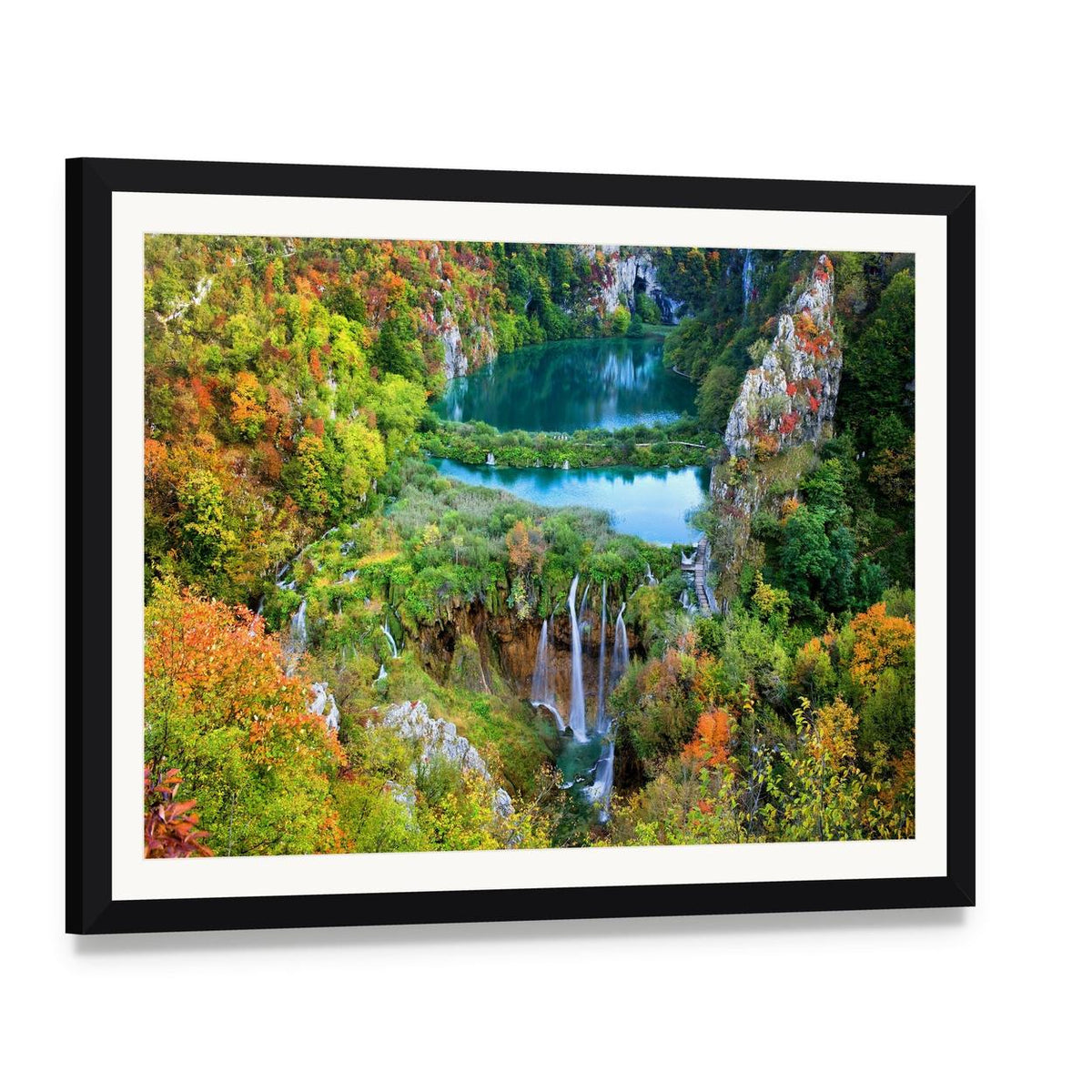Autumn Waterfall in Vibrant Valley Canvas Wall Art, framed print with white mat and black frame, angled product view