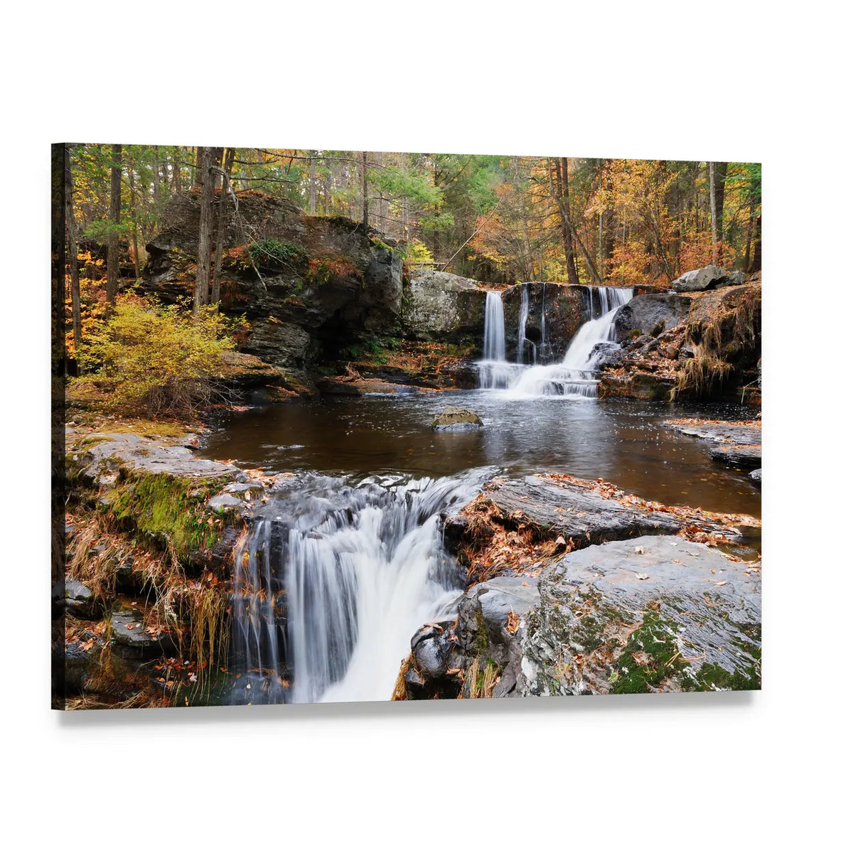 Two-tier Mountain Waterfall with Autumn Leaves Canvas Wall Art, single panel gallery wrapped canvas, angled product view