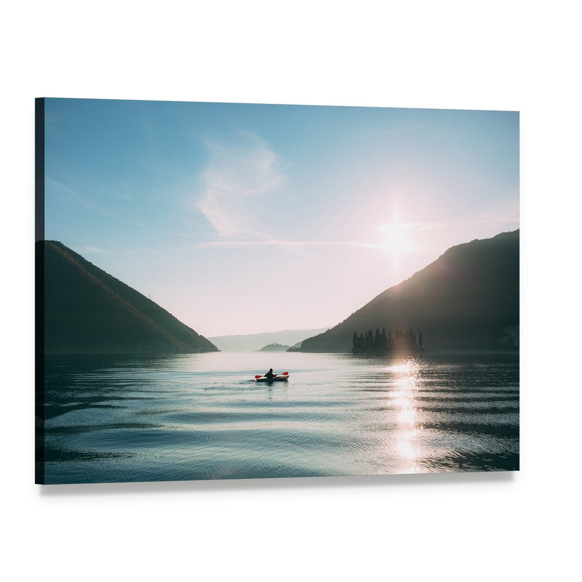 Kayaker at Sunset on Mountain Lake Canvas Wall Art, single panel gallery wrapped canvas, angled product view