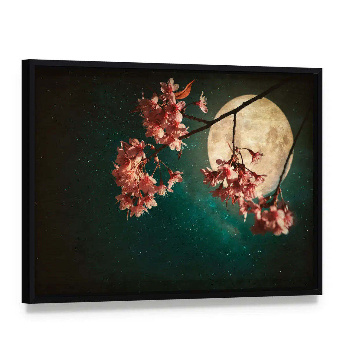 Moonlit Cherry Blossom Branch Canvas Wall Art, framed canvas in a black floater frame, angled product view